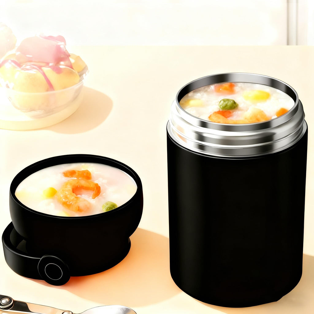 Insulated Food Jar (Black), 600ml 316 Stainless Steel Thermal Flask for Hot & Cold Meals, Double Wall Vacuum Insulated, Leak-Proof Vacuum Food Container with Folding Spoon & Fork