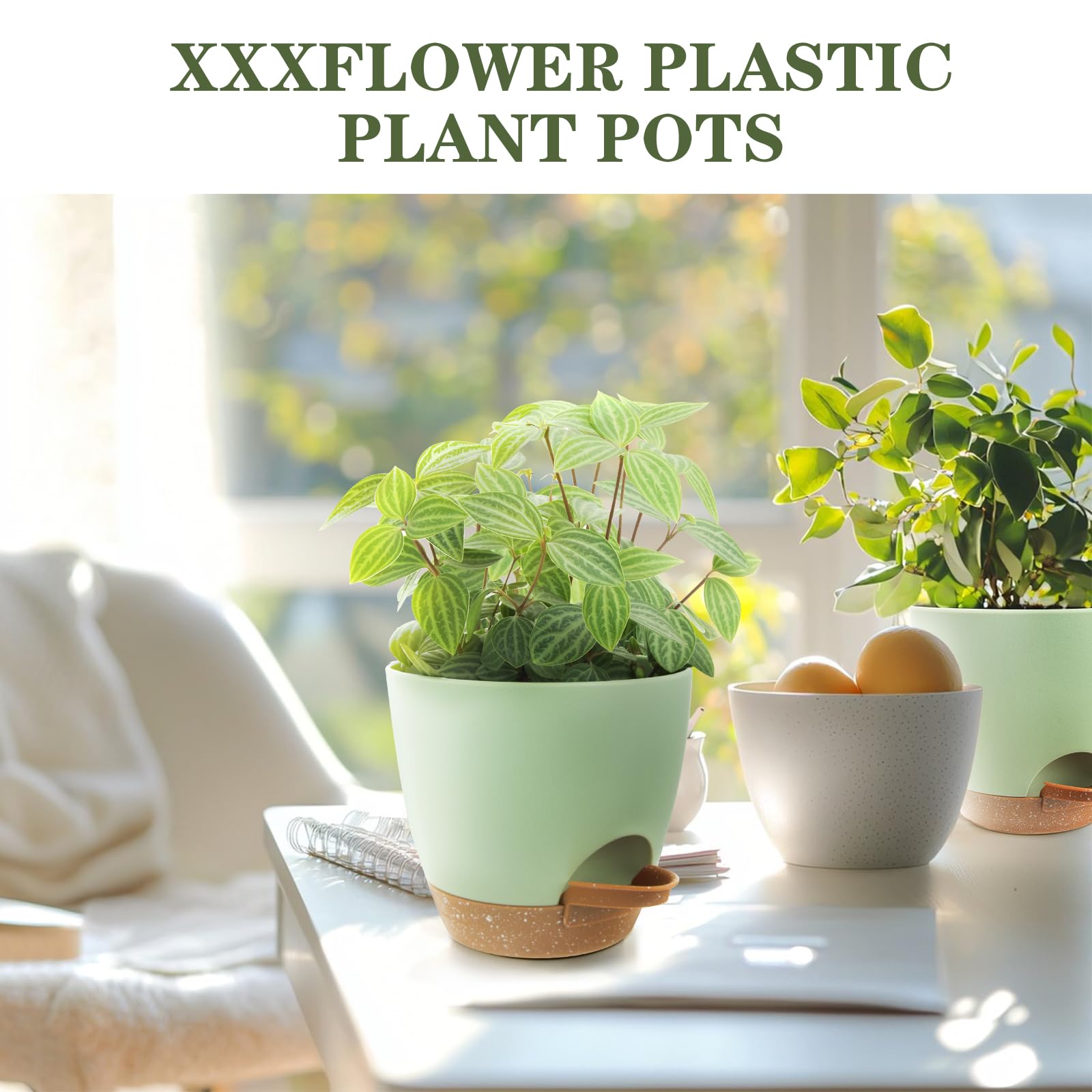 XXXFLOWER 5 Pack Self Watering Planters Plastic Plant Pots with Drainage Holes and Saucer Planting Pots Set for for Indoor Outdoor Plants-Green