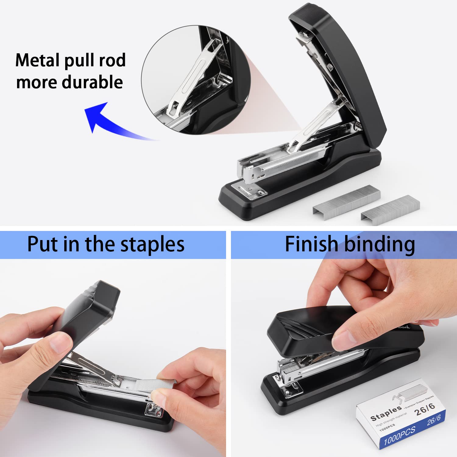 Desktop Office Stapler with 2000 Staples: IMLIKE Half Strip Desk Staplers, take 26/6 Staples 25 Sheets Capacity , Metal Construction, Non-Slip Base, Black, 2-Pack