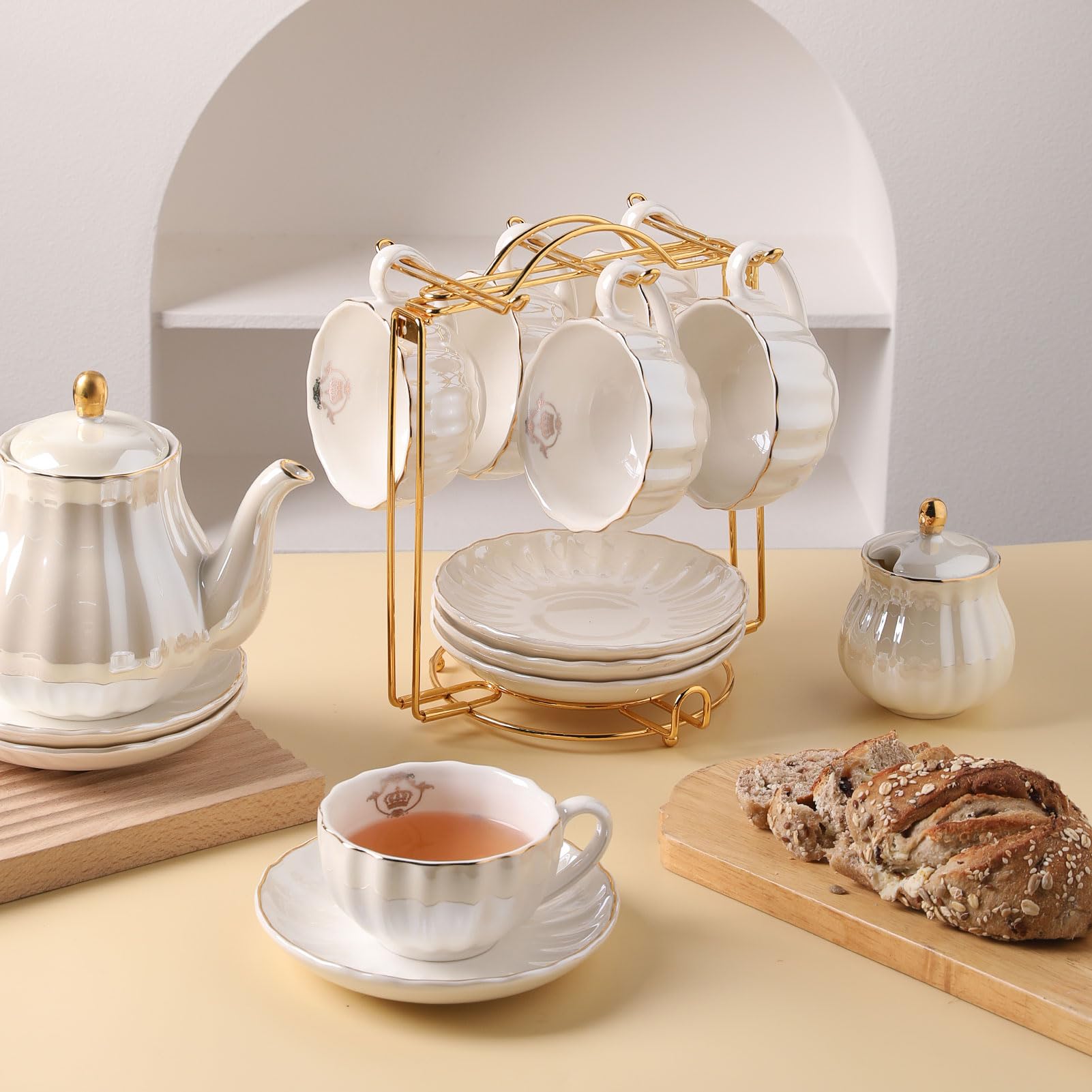 Sweejar Foldable Tea Cups Display Stand, Holds 6 Cups and 6 Saucers Stainless Steel Wire Rack Display Mug Holder Espresso Cups Holder