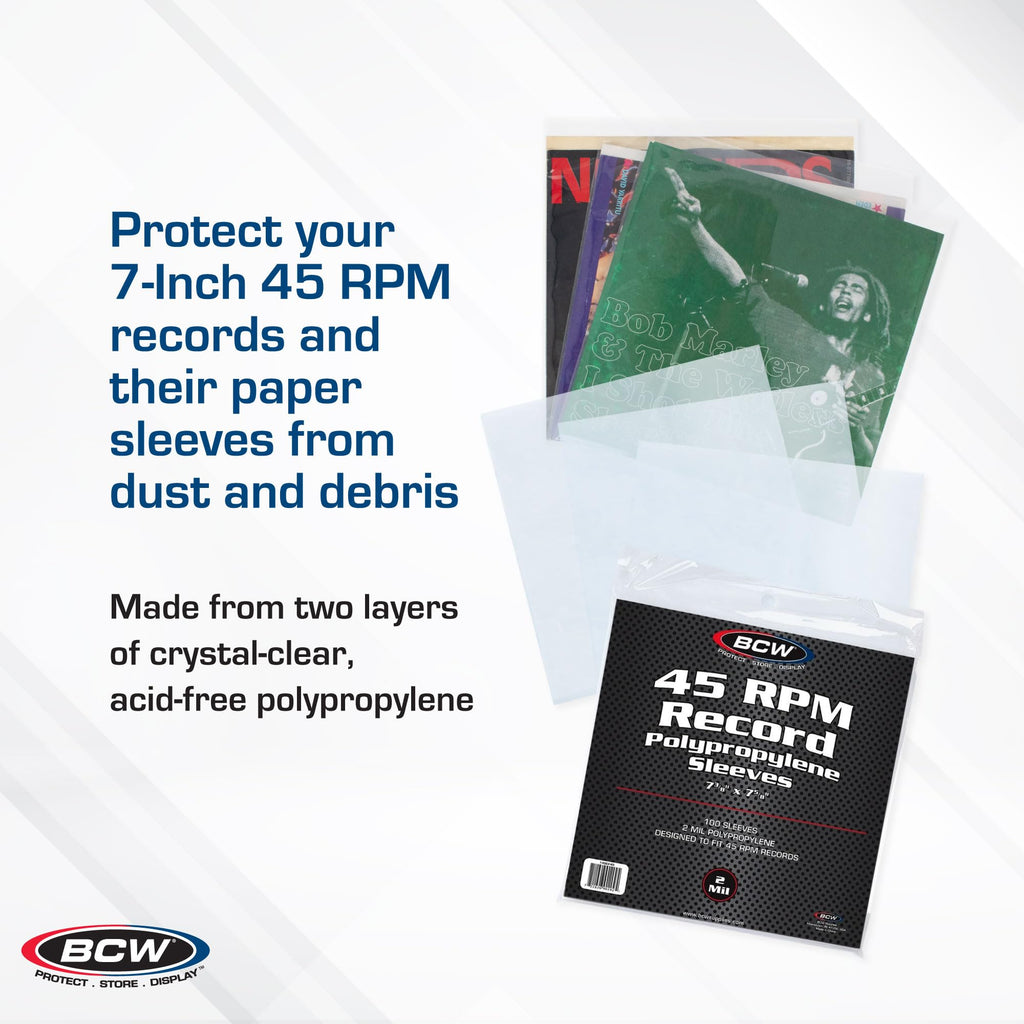 BCW 45 RPM Record Sleeves - 200 Count | Fits Standard 7 Inch Single 45s | Snug-Fit 2 Mil Polypropylene Outer Sleeves | Archival Plastic Covers for Vinyl Record Storage and Protection