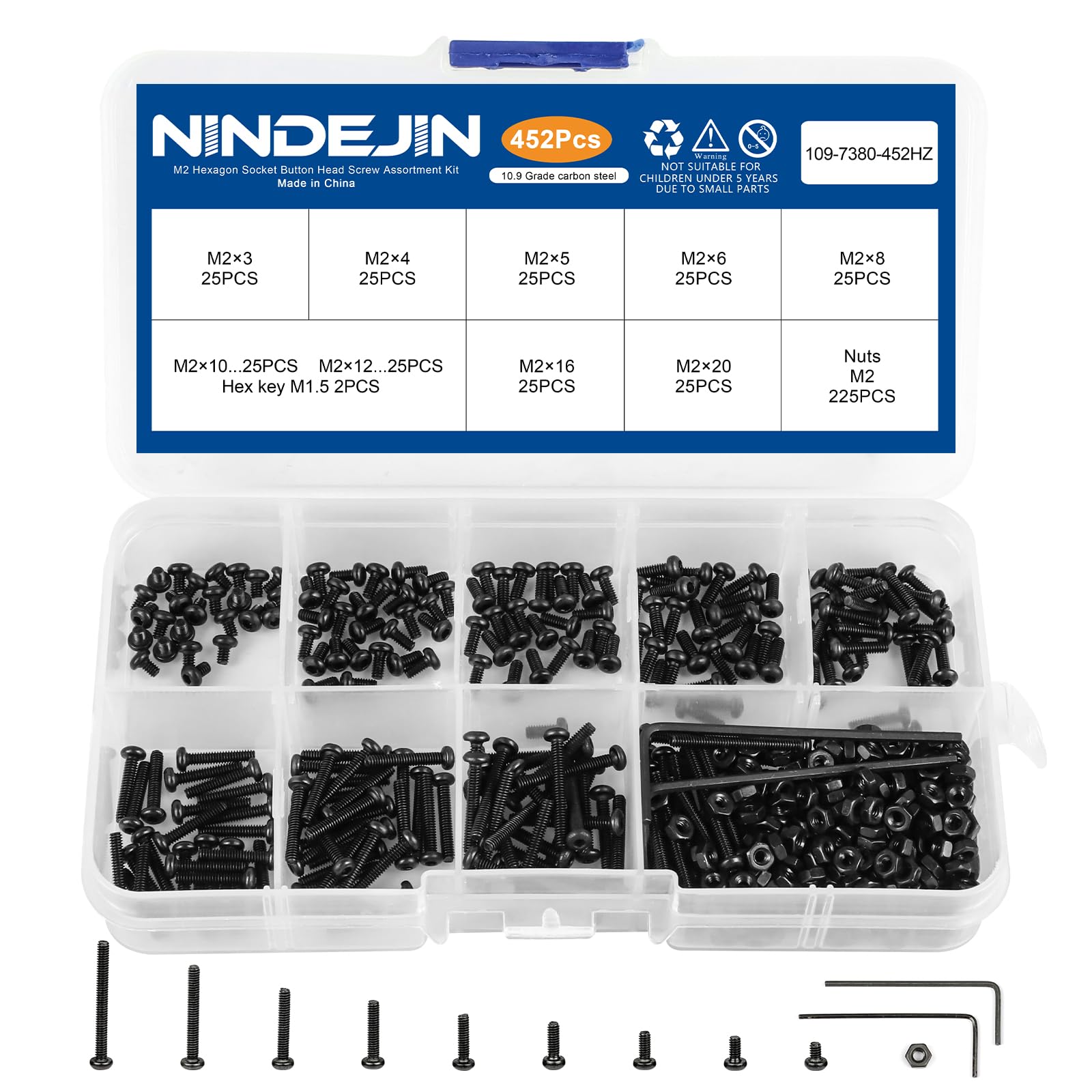 NINDEJIN M2 Button Head Hex Socket Cap Screws Bolts, M2 x 3/4/5/6/8/10/12/16/20mm Screw and Nuts Assortment Kit, 10.9 Carbon Steel Fully Machine Thread