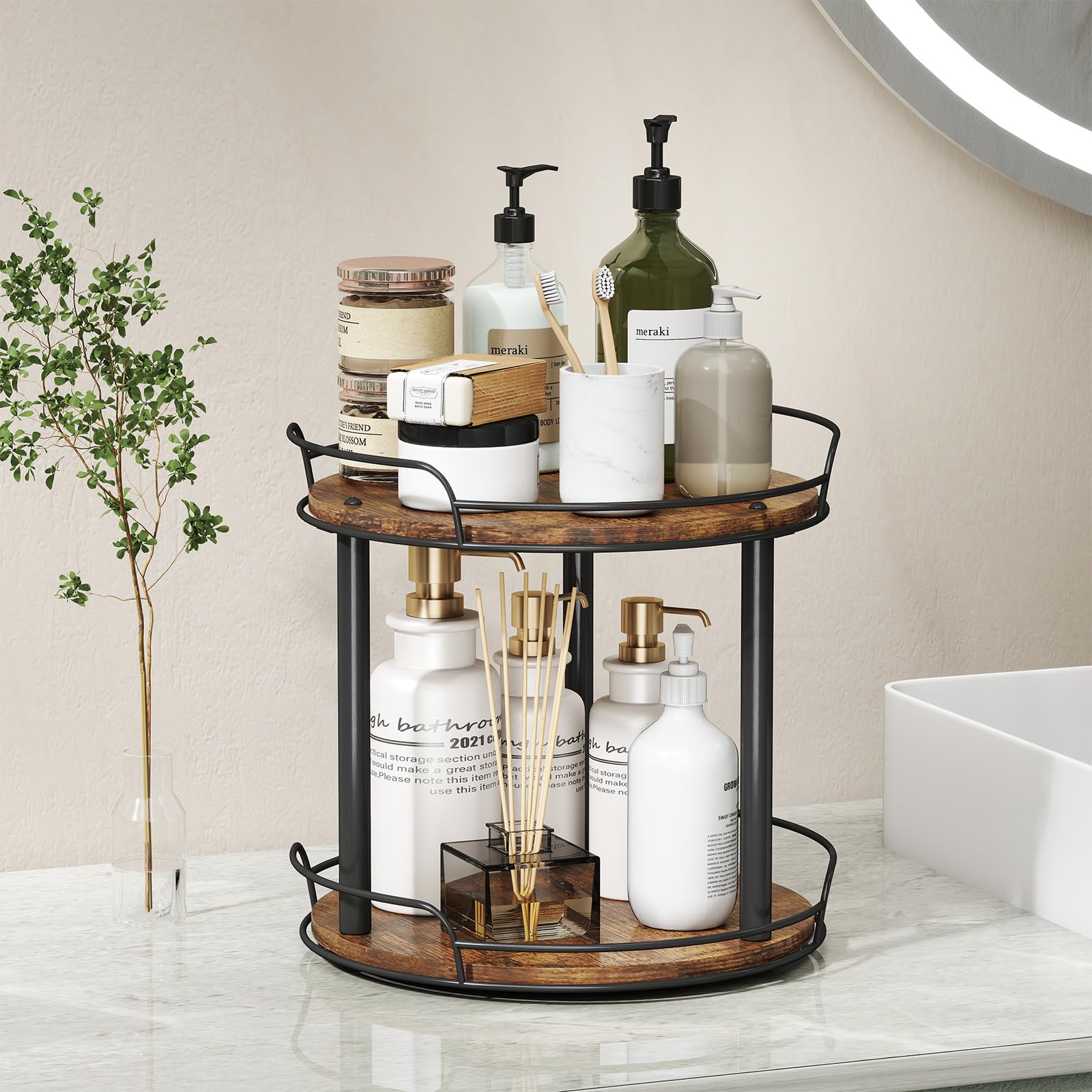 LAMU 10.2'' Wood Lazy Susan Turntable Organizer for Cabinet, 2 Tier Lazy Susan Spice Rack Organizer for Kitchen, Table Top, Countertop, Pantry, Medicine Organizer