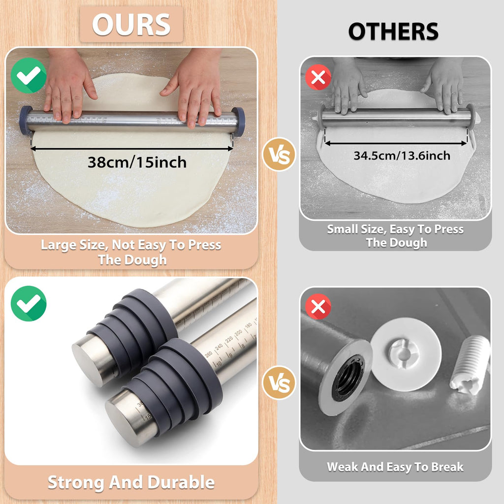 Adjustable Rolling Pin with Thickness Rings for Baking -Non Stick Dough Roller Pin with Spacer Bands for Cookie,Pie Crust, Pastry Fondant and Bread By Super Kitchen (Stainless Steel, 15.8")