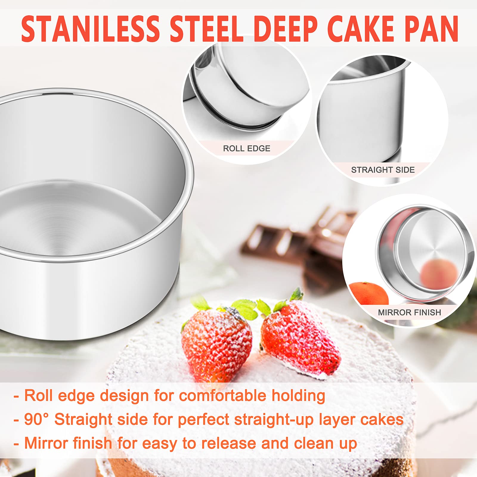 6 x 3 Inch Round Cake Pans, E-far Stainless Steel Deep Cake Baking Pan for Layer Cake Chiffon Cheesecake, Healthy Metal Cake Tin for Birthday Wedding Party, Straight Side & Dishwasher Safe - Set of 3