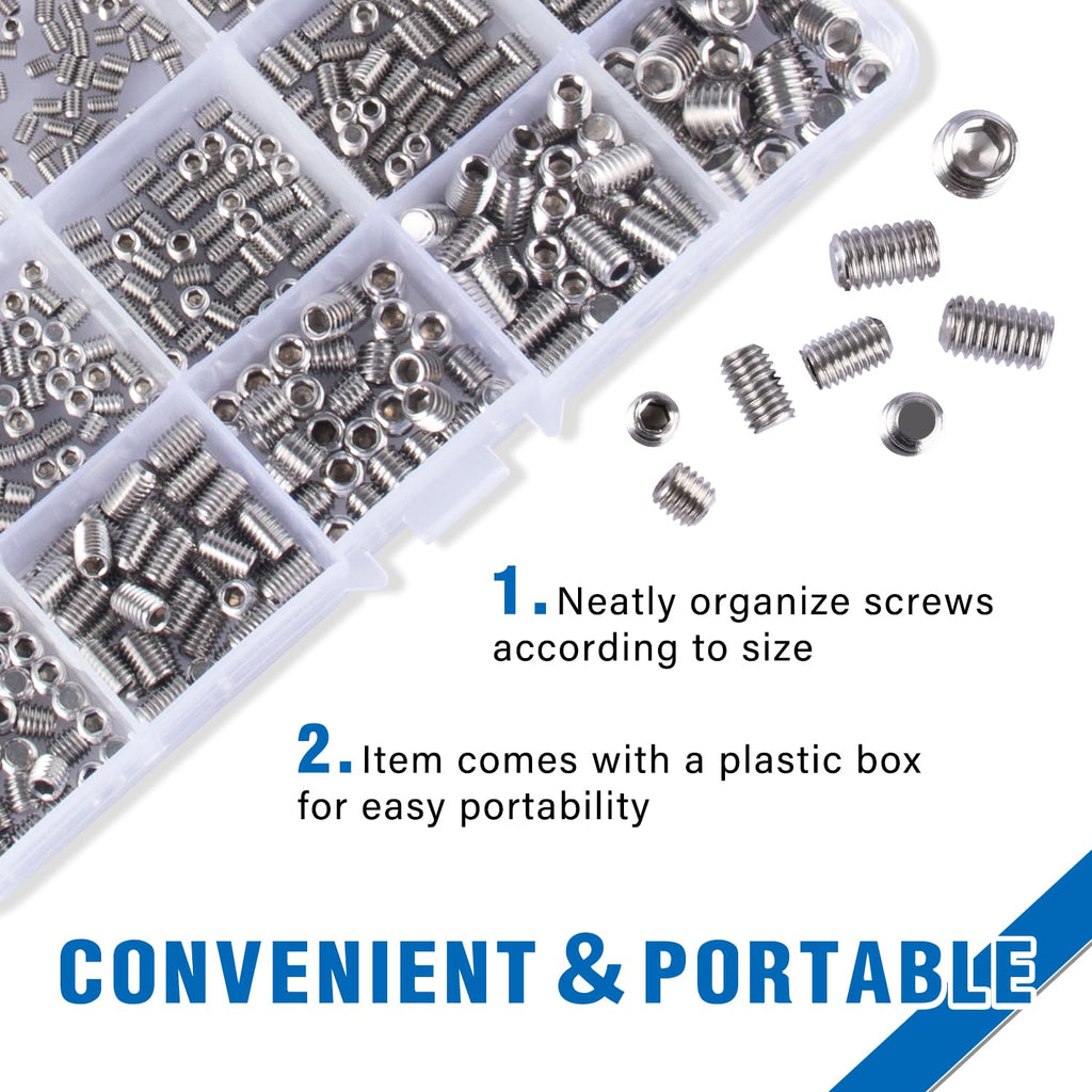 EilxMag 830pcs Metric + Standard SAE Allen Head Socket Hex Grub Screw Set 304 Stainless Steel Internal Hex Drive Cup-Point Screws Assortment Kit (M3-M8, 1/8"-40 to 5/16"-18)