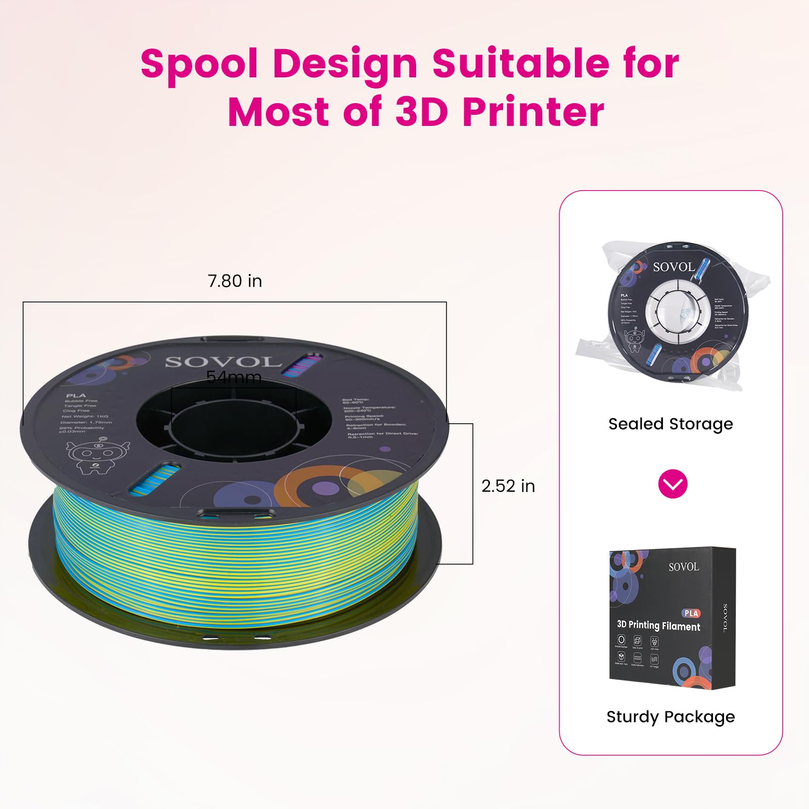 Sovol PLA Filament Silk Tri Color Co-Extrusion 1.75mm, 3D Printer Filament 1kg/ 2.2lbs, Shiny Silk Rose Blue Yellow 3 in 1 Coextrusion PLA Material +/-0.03mm