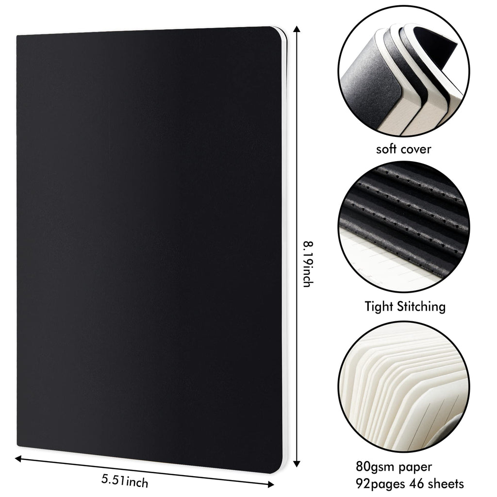8 Pack Soft Cover Journal Bulk, Feela Notebooks College Ruled for Work, Lined Travel Journal for Women Men, Note Taking Notebook School Supplies Business Writing, 8.2” x 5.5”, A5, Black