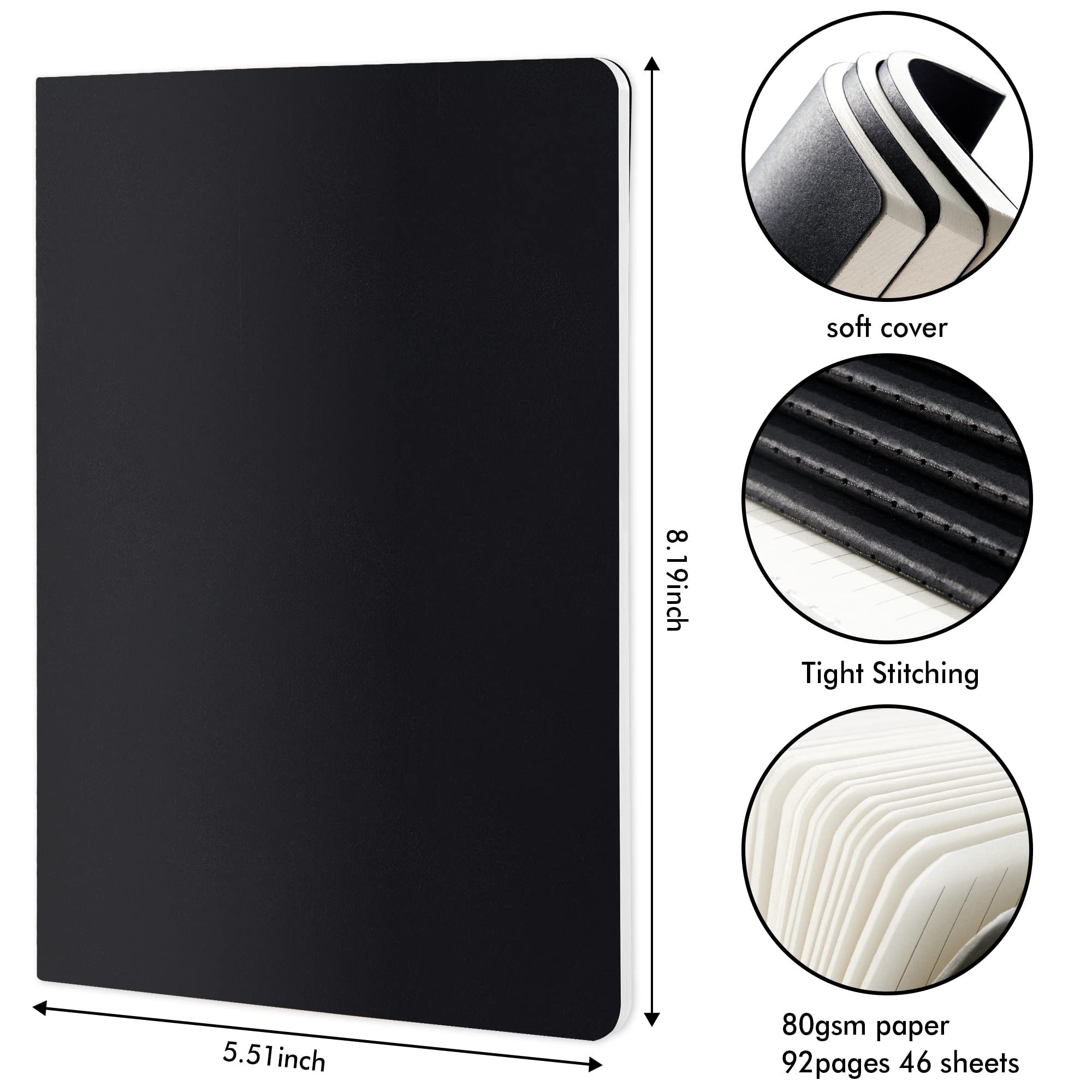 8 Pack Soft Cover Journal Bulk, Feela Notebooks College Ruled for Work, Lined Travel Journal for Women Men, Note Taking Notebook School Supplies Business Writing, 8.2” x 5.5”, A5, Black