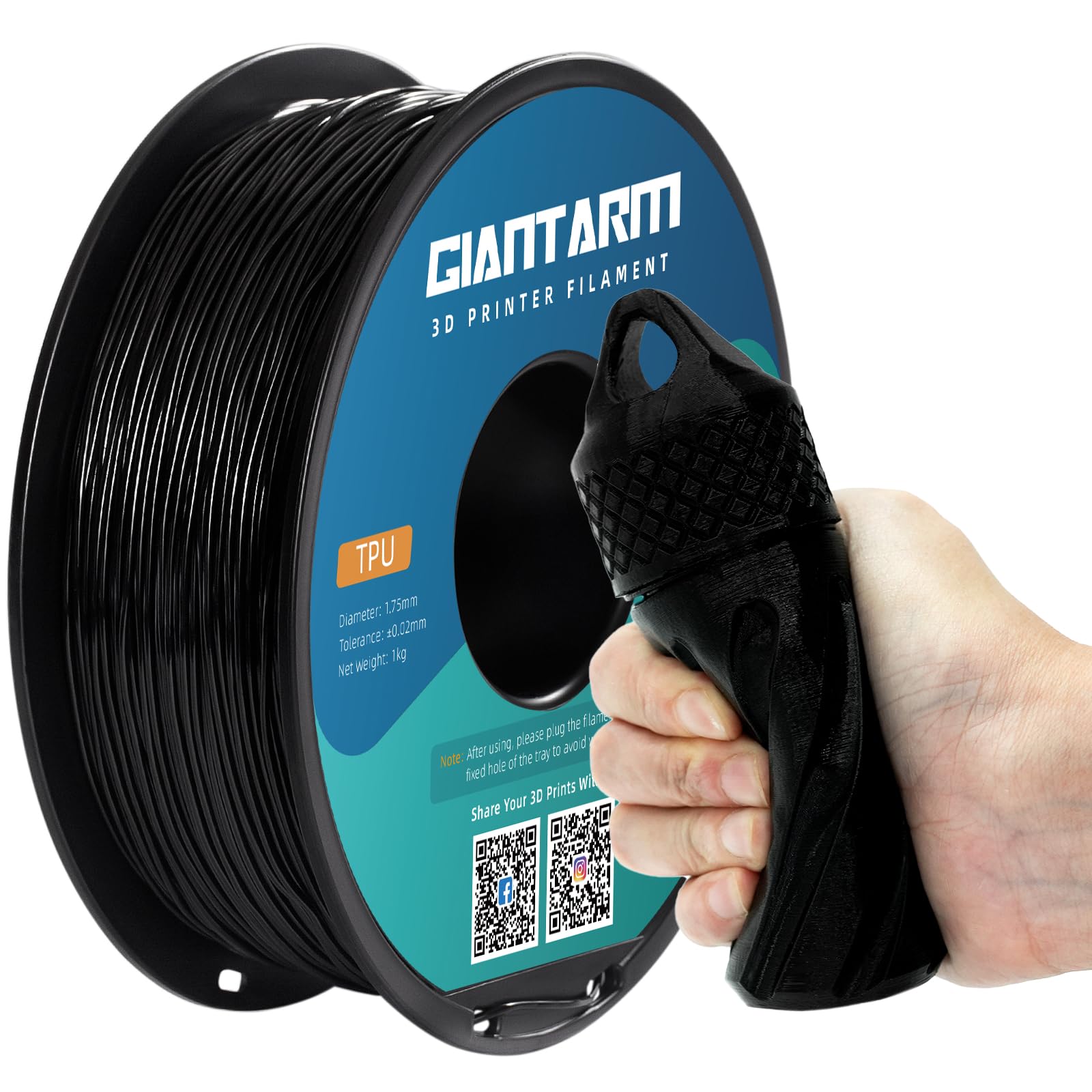 GIANTARM TPU 3D Printer Filament Black, Soft Flexible Filament 95A, Dimensional Accuracy +/-0.05mm, 1KG (2.2LBS), 1.75mm Fit for All 3D Printers, Vacuum Packaging