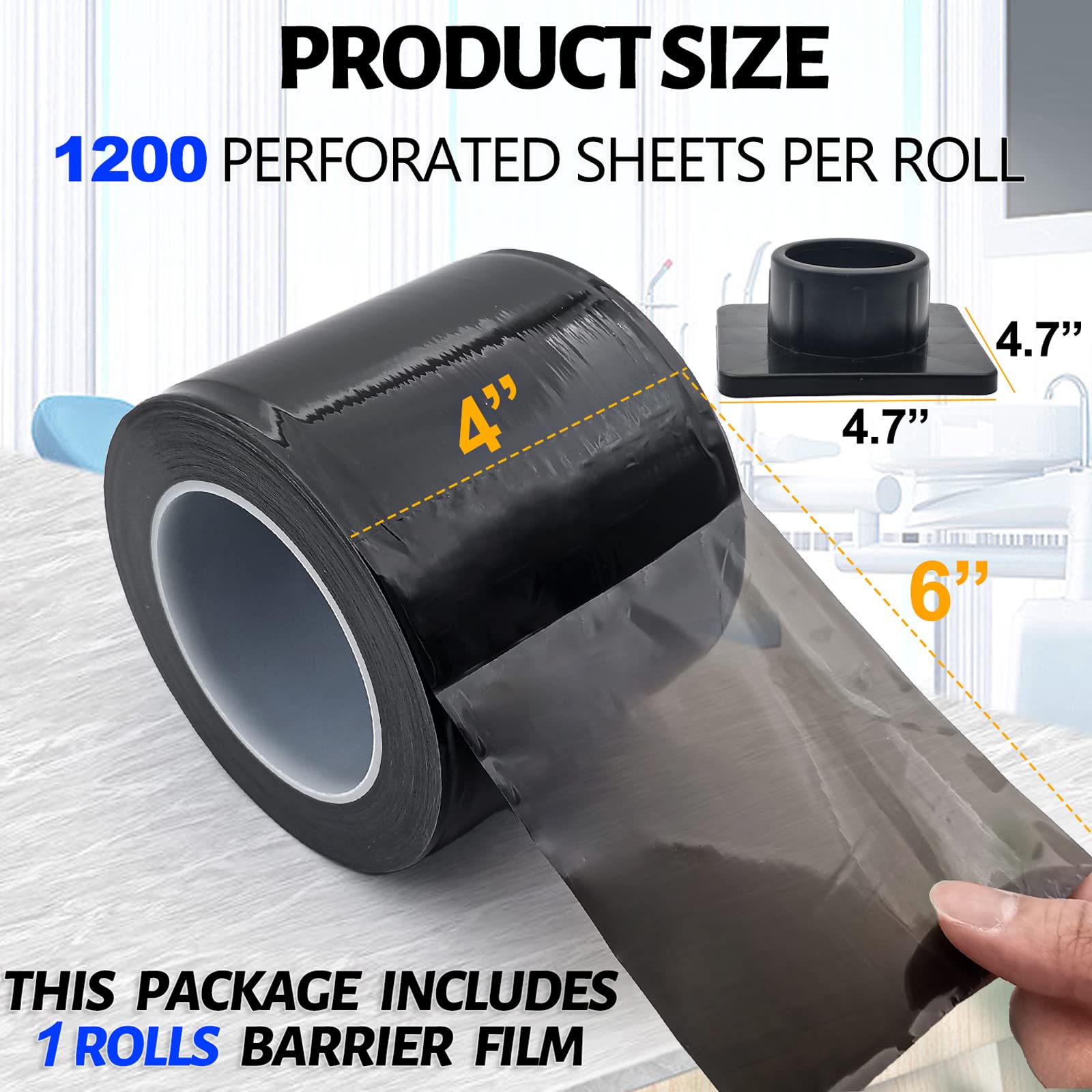 Keedolla Black Barrier Film Roll with Dispenser Box, 4" x 6" Tattoo Barrier Tape Protective Adhesive Film Perforated Dental Disposable Plastic Sheets, 1200 Sheets|1 Roll