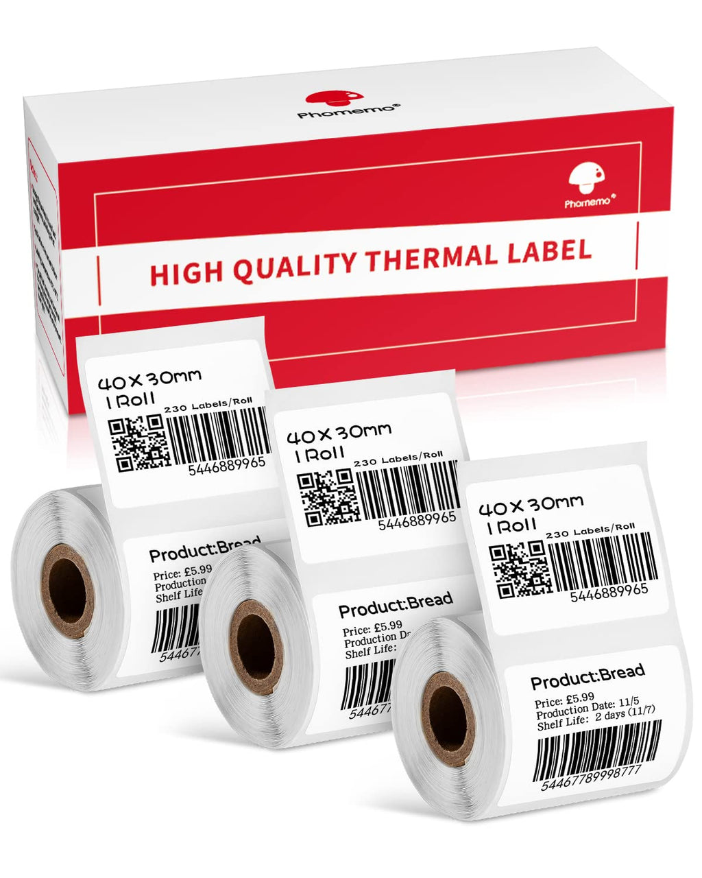 Phomemo Thermal Sticker Label Paper for M110 M220 M150 M250 Label Maker, Back to School Supplies, Strong Self-Adhesive Sticker, 1.57'' x 1.18'' (40mm x 30mm), 230Pcs/Roll, 3 Rolls