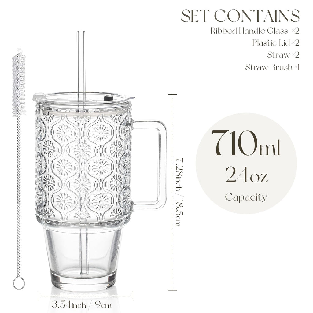 KEMORELA 24oz Ribbed Glass Cups with Lids and Straws,Glass Tumbler with Handle,2 set–Reusable Glass Ice Coffee Cups with Lid and Straw for Smoothies,Tea,Juice,Boba Cup for Cold & Hot Drinks,Travel Cup