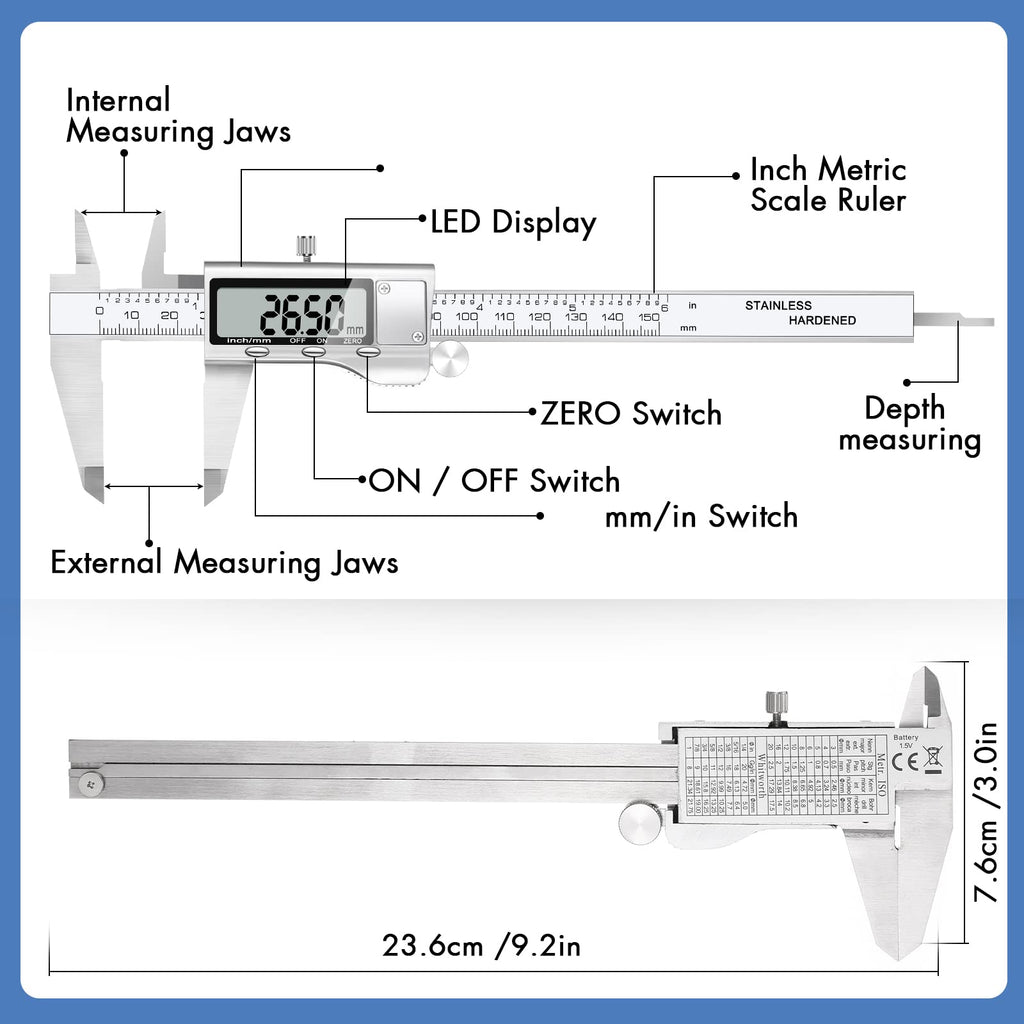 Simhevn150mm Digital Caliper, 6 Inch Stainless Steel Electronic Digital Caliper, with Extra-Large LCD Screen, Auto-Off Feature, Inch and Millimeter Conversion Metal Measuring Tool Caliper