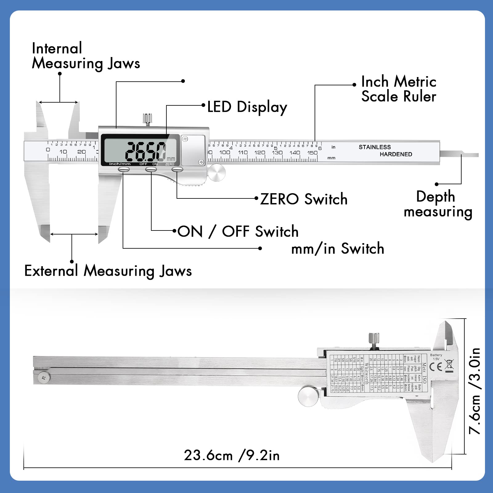 Simhevn150mm Digital Caliper, 6 Inch Stainless Steel Electronic Digital Caliper, with Extra-Large LCD Screen, Auto-Off Feature, Inch and Millimeter Conversion Metal Measuring Tool Caliper