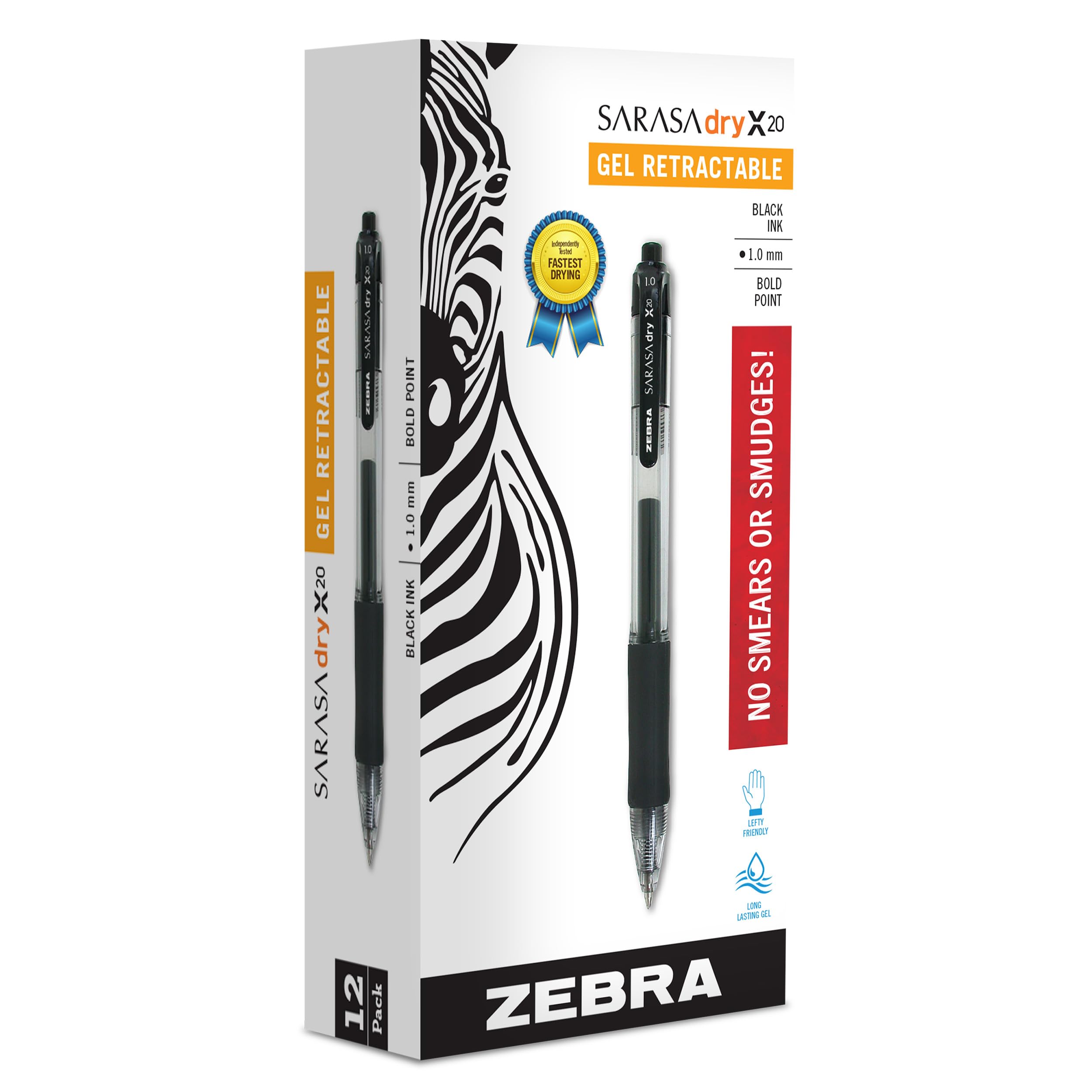 Zebra Pen SARASA Dry X20 Retractable Gel Pens, 1.0mm Bold Point, Black Ink with Rapid Fast Dry Ink Technology, Ideal for the Left-Handed, Eliminates Smudging and Smearing in Seconds, 12-Pack (46610)