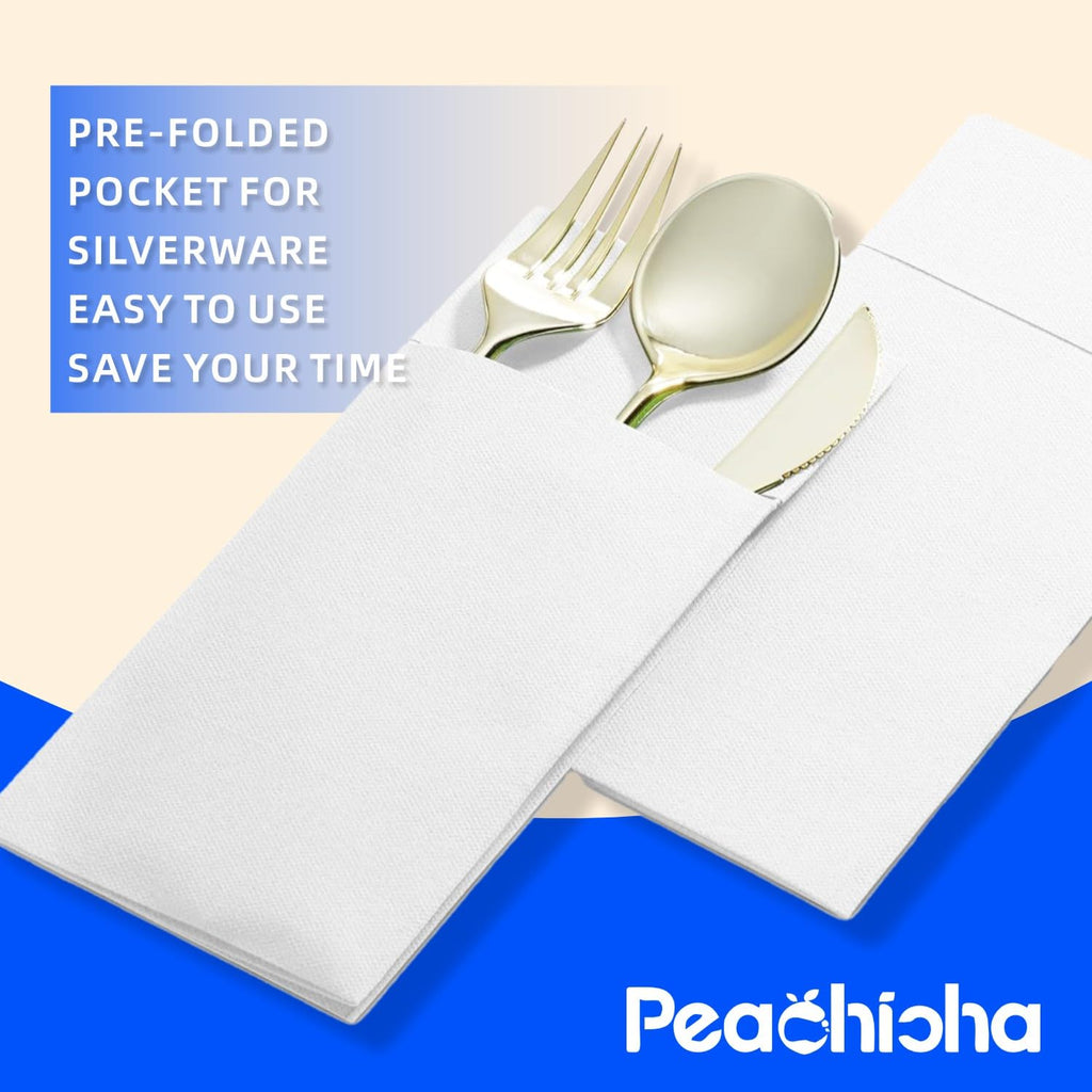 Disposable Dinner Napkins With Built-in Flatware Pocket, Pre folded Party Napkins For Silverware, Linen Feel Napkins Luxury And Elegant For Wedding Party Events, White, Total 50 Count