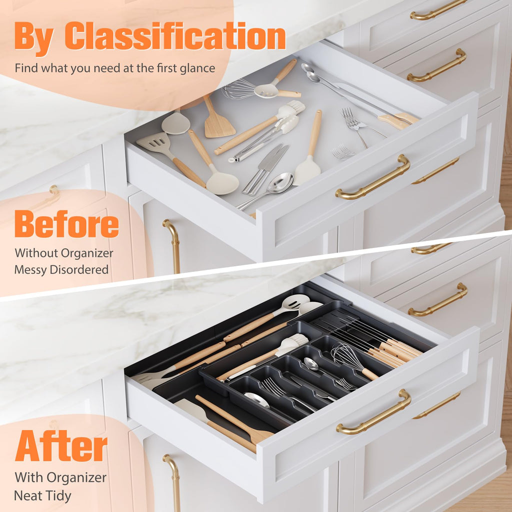 Ceecysaa Cutlery Organizer with 2 Removable Knife Blocks, Expandable Utensil Tray,Adjustable Cutlery Tray Drawer Organizer for Spoons, Knives, Kitchen Organizers and Storage,ABS,Black(6-9 Slots)