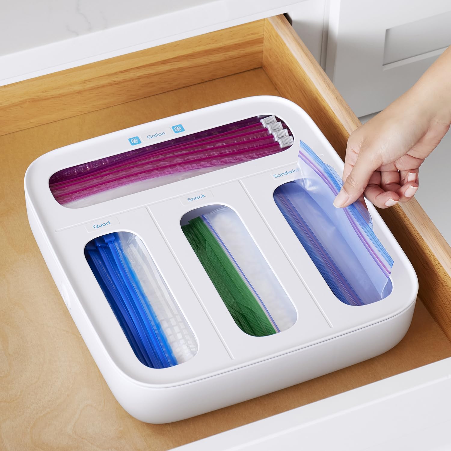 YouCopia StoraBag Food Bag Dispenser, Family Size 4-Slot, Plastic Sandwich Bags Drawer Organizer for Kitchen Storage
