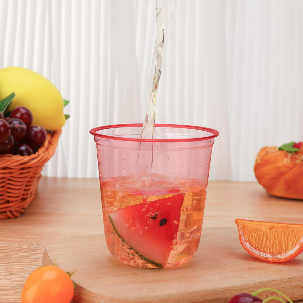 Xuelimei 50pcs 12oz Disposable Stemless Glasses,PET Disposable Drinking Cups,Cold Party Clear Plastic Wine Glasses for Parties Birthday,Wedding,Meeting,Christmas Party Supplies. (Red)