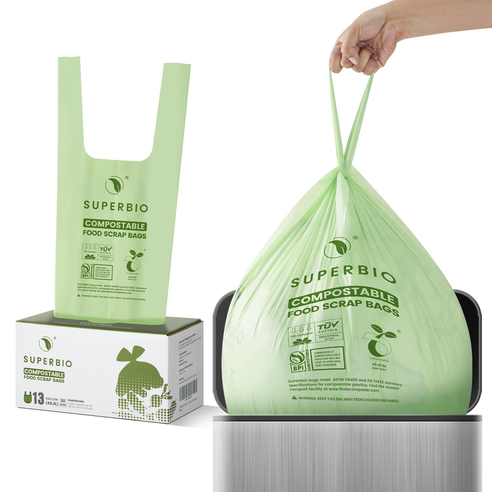 SUPERBIO Compostable Food Scrap Bags,49.2L. Certified by BPI (commercially compostable only), Seedling,OK compost HOME and OK compost INDUSTRIAL, 30 Count