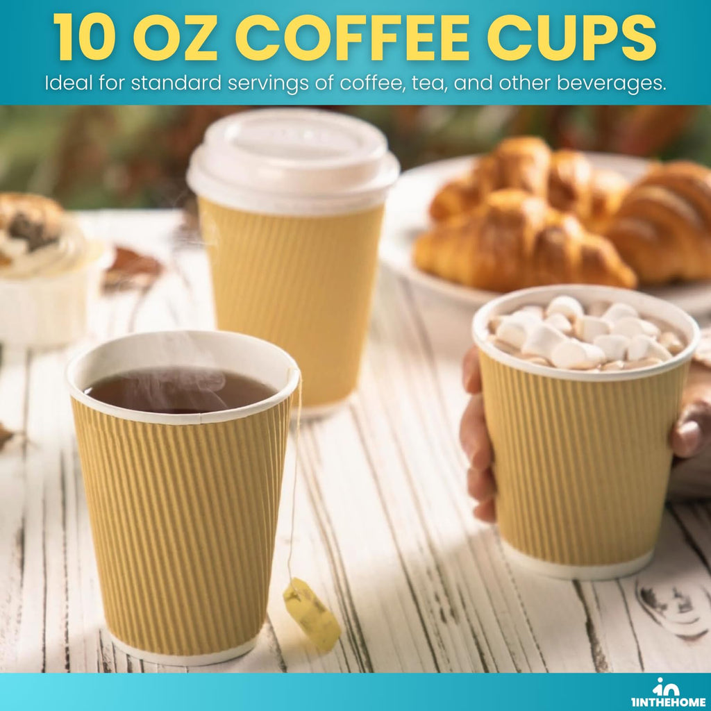 1InTheHome Disposable Coffee Cups with Lids, Paper Cups 10 oz, Insulated Ripple Wall, 50 Pack