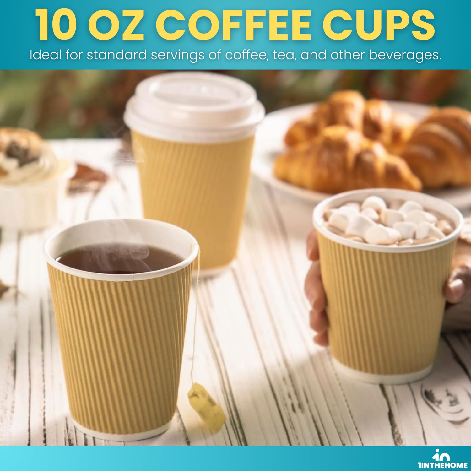 1InTheHome Disposable Coffee Cups with Lids, Paper Cups 10 oz, Insulated Ripple Wall, 50 Pack