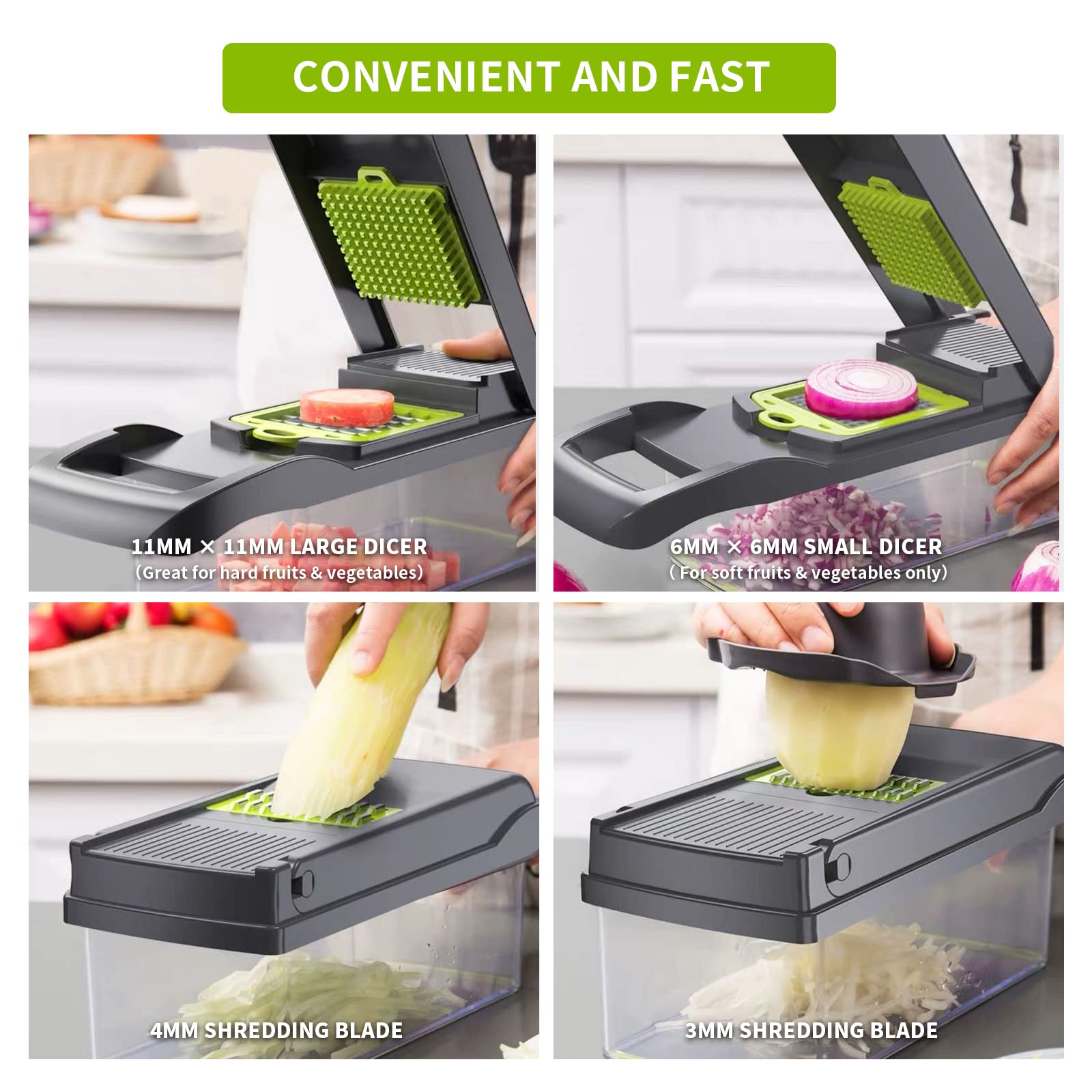 Vegetable Chopper Cutter Slicer Multifunctional 13-in-1 Food Veggie Onion Potato Fruit Chopper Cutter Dicer with Container, 8 Interchangable Blades, Hand Protector, Drain Strainer, Cleaning Brush