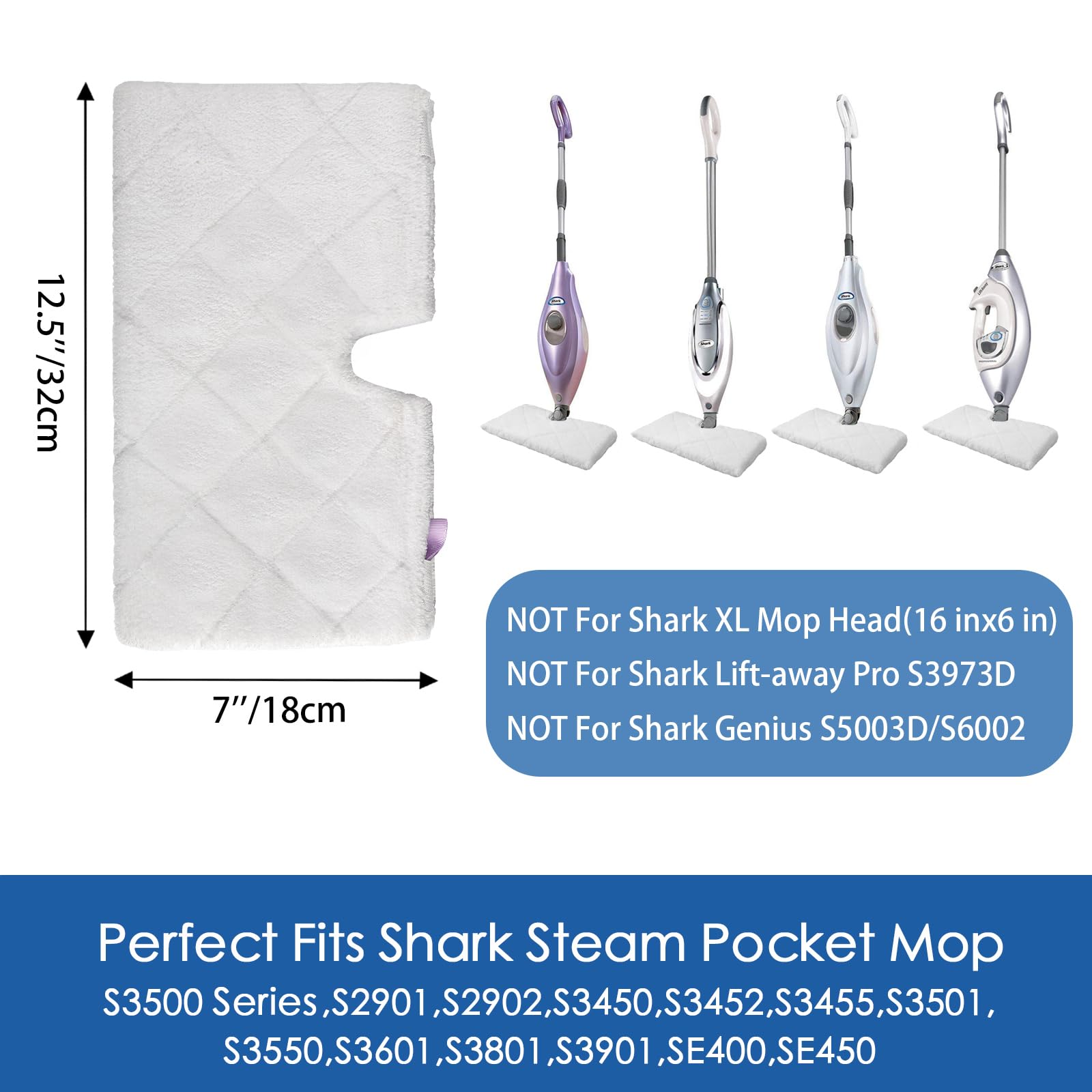 MXZONE Replacement Microfiber Steam Mop pad Cleaning Pads for Shark Steam Pocket Mop S3500 Series S3550 S3501 S3601 S3601D S3901 S3801 S3801CO, White