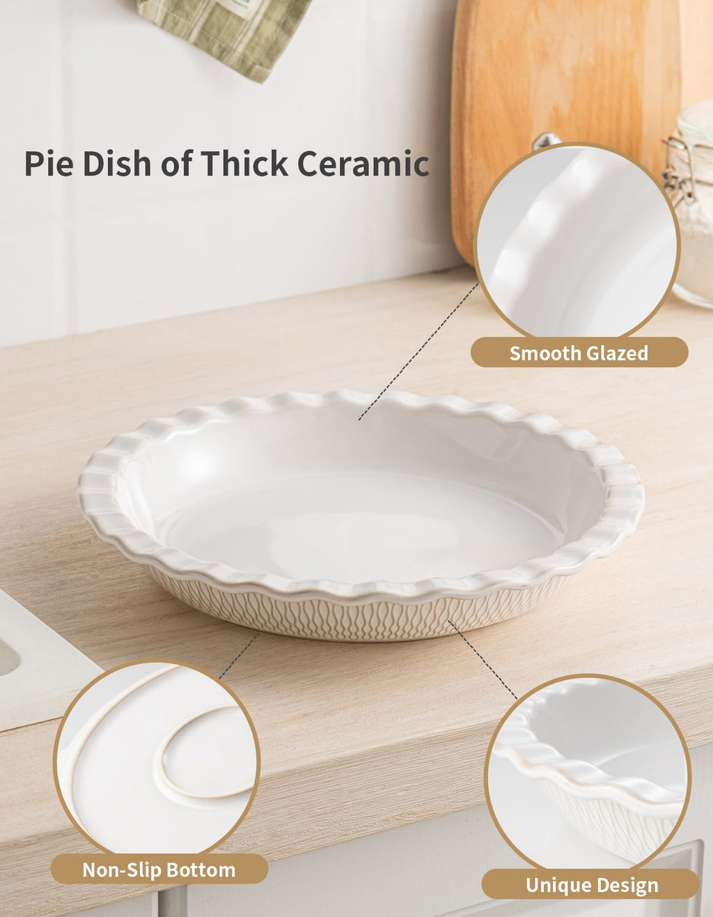 Ceramic Pie Dish for Baking, 9 inch Porcelain Pie Pan, Fluted Pie Plate for Apple, Quiche, Pot Pies, Tart, Modern Farmhouse Bakeware, Glazed White