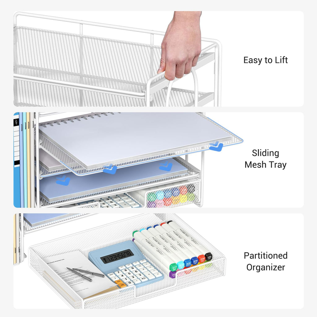 Gugsey Desk Organizer with File Holder, Organisateur et Accessoire de Bureau, 5-Tier Paper Letter Tray with Drawer and Pen Holder, Desktop Office Accessories for School, Home, Office Supplies (White)
