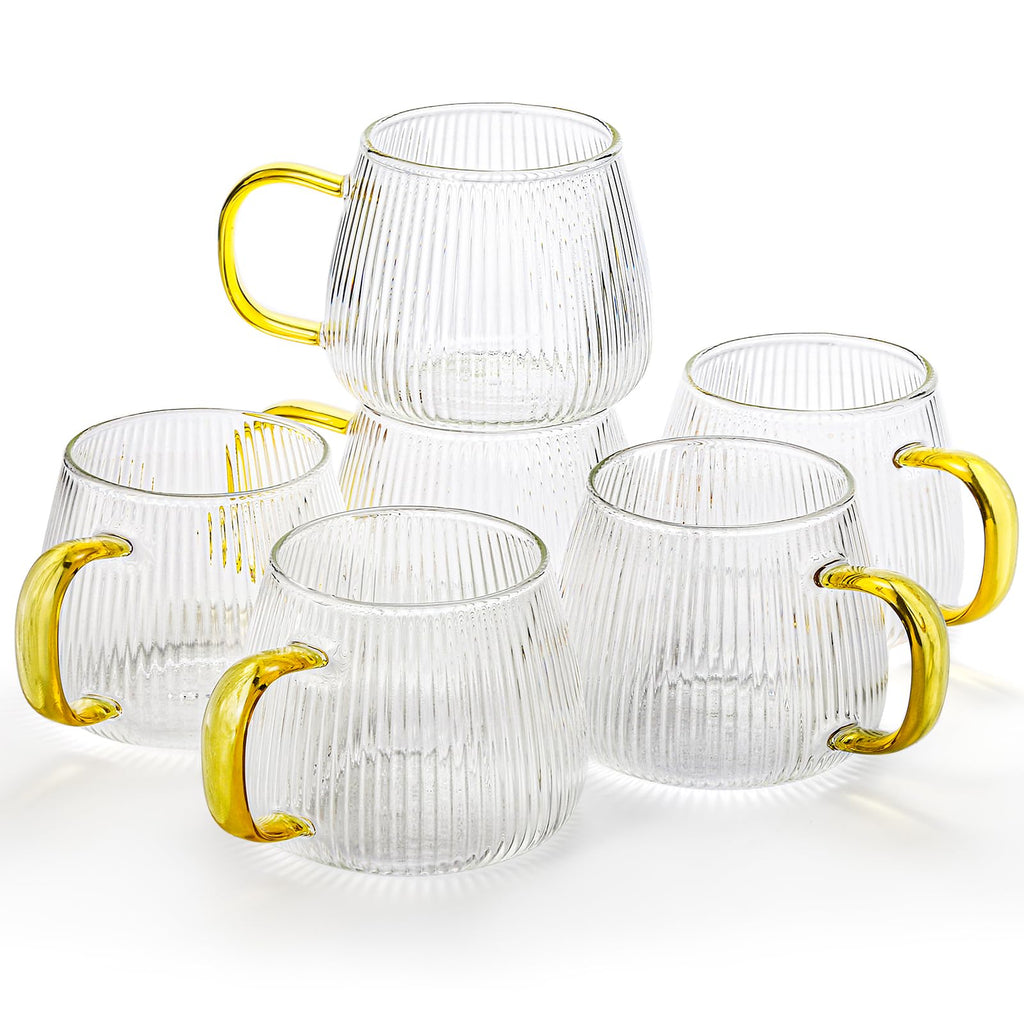 AVLA 6 Pack Glass Coffee Mugs, 16 OZ Unique Vertical Stripes Coffee Cup, Clear Large Tea Glasses with Handles, Vintage Transparent Glassware for Hot/Cold Beverages, Cappuccino, Latte, Espresso, Juice