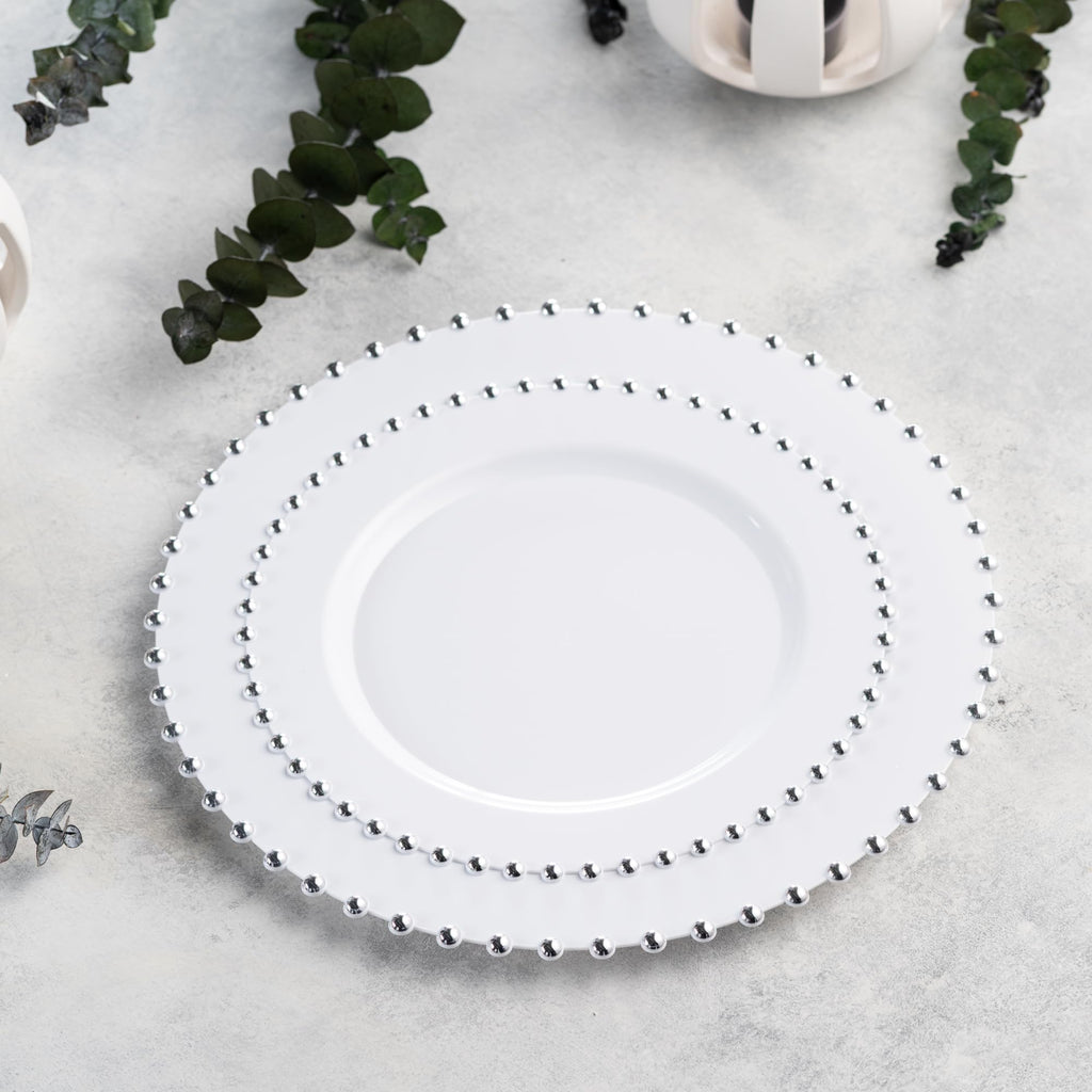 PLASTICPRO 32 Piece Combo Plastic Dinner Plates Disposable Plastic Fancy Heavy Duty Party Dishes 7 inch and 10 inch, White and Silver Beaded