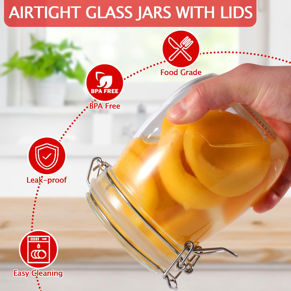 Glass Jar with Lid 25oz/750ml, 6 Pcs Round Clear Airtight Glass Jar with Stainless Steel Wire Clamp, Marker Stickers and Liquid Chalk, Food Storage Containers