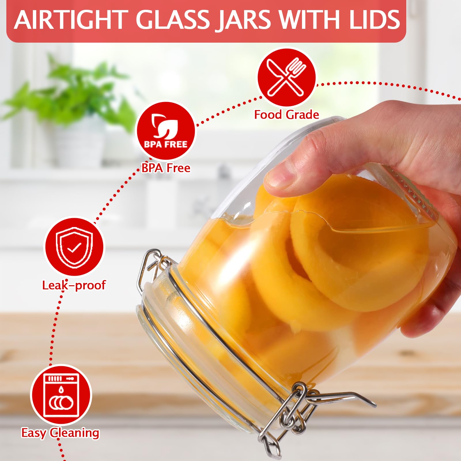 Glass Jar with Lid 25oz/750ml, 6 Pcs Round Clear Airtight Glass Jar with Stainless Steel Wire Clamp, Marker Stickers and Liquid Chalk, Food Storage Containers
