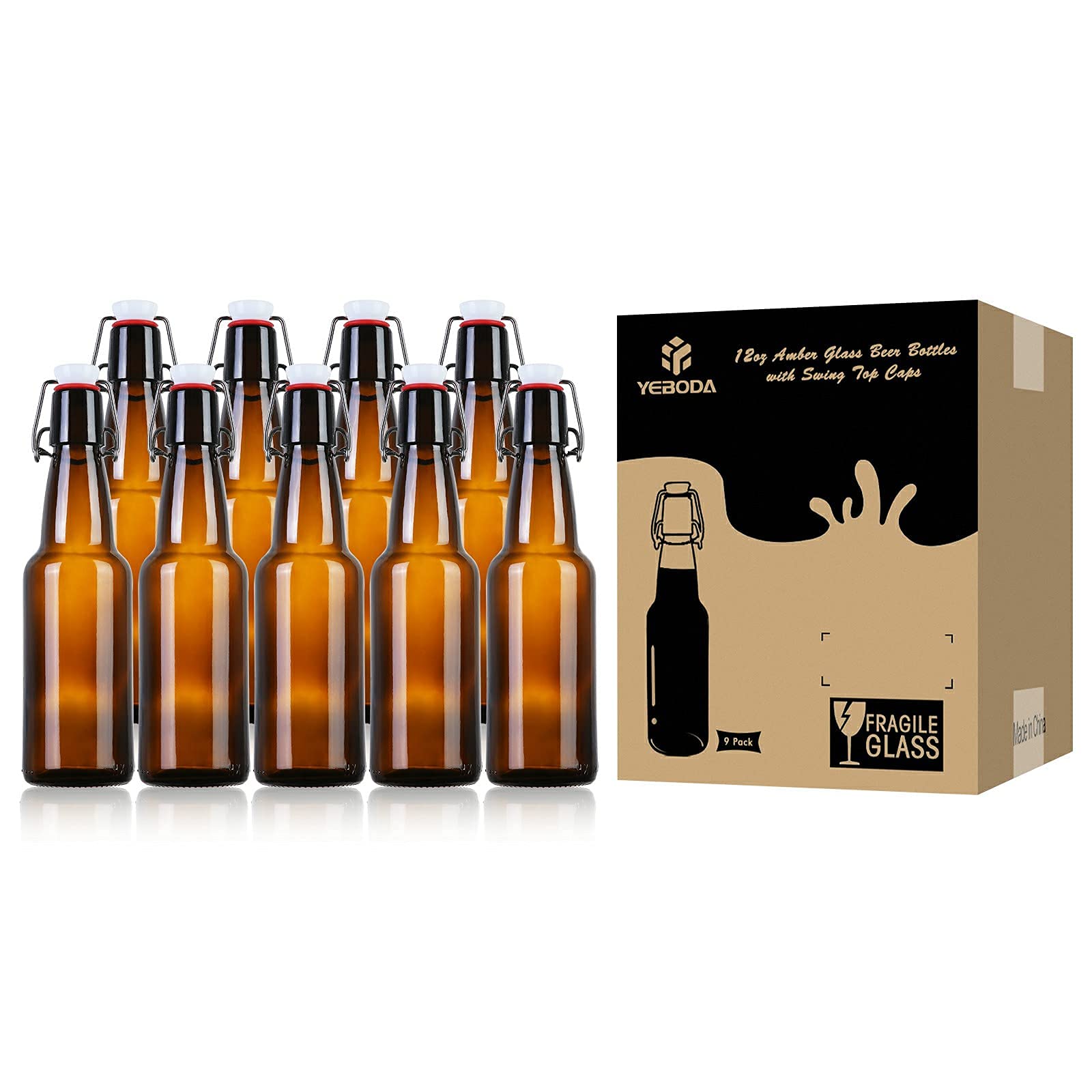YEBODA 12 oz Amber Glass Beer Bottles for Home Brewing with Flip Caps, Case of 9