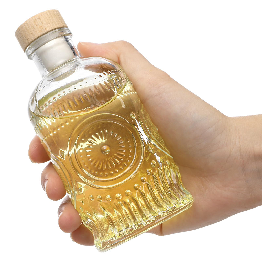 Kingrol 9 Pack 7 oz Glass Liquor Bottles with T-Top Stoppers, Vintage Sunflower Embossed Bottles, Small Glass Bottles for Whiskey, Wine, Syrups, Vanilla Extract