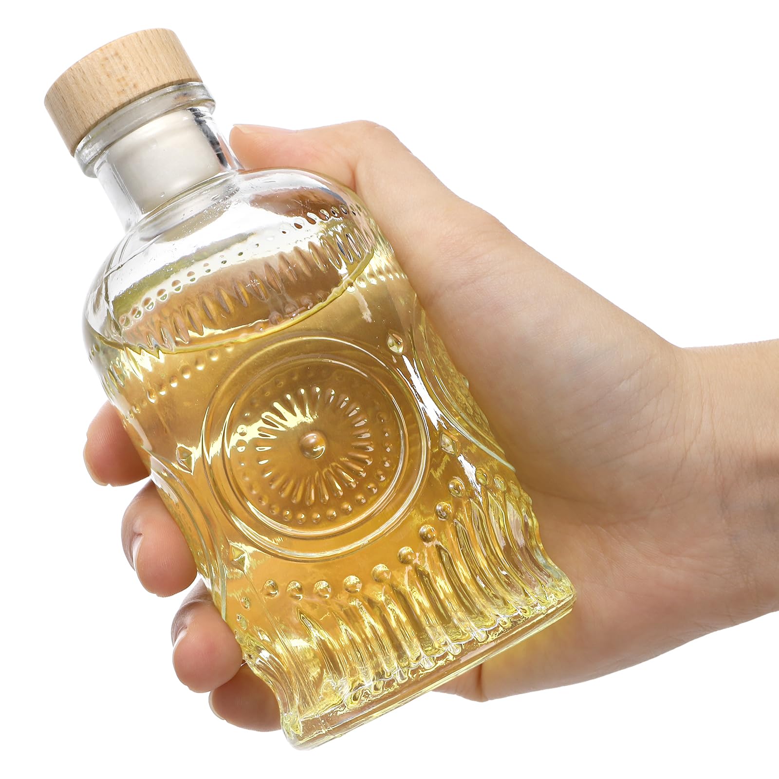 Kingrol 9 Pack 7 oz Glass Liquor Bottles with T-Top Stoppers, Vintage Sunflower Embossed Bottles, Small Glass Bottles for Whiskey, Wine, Syrups, Vanilla Extract