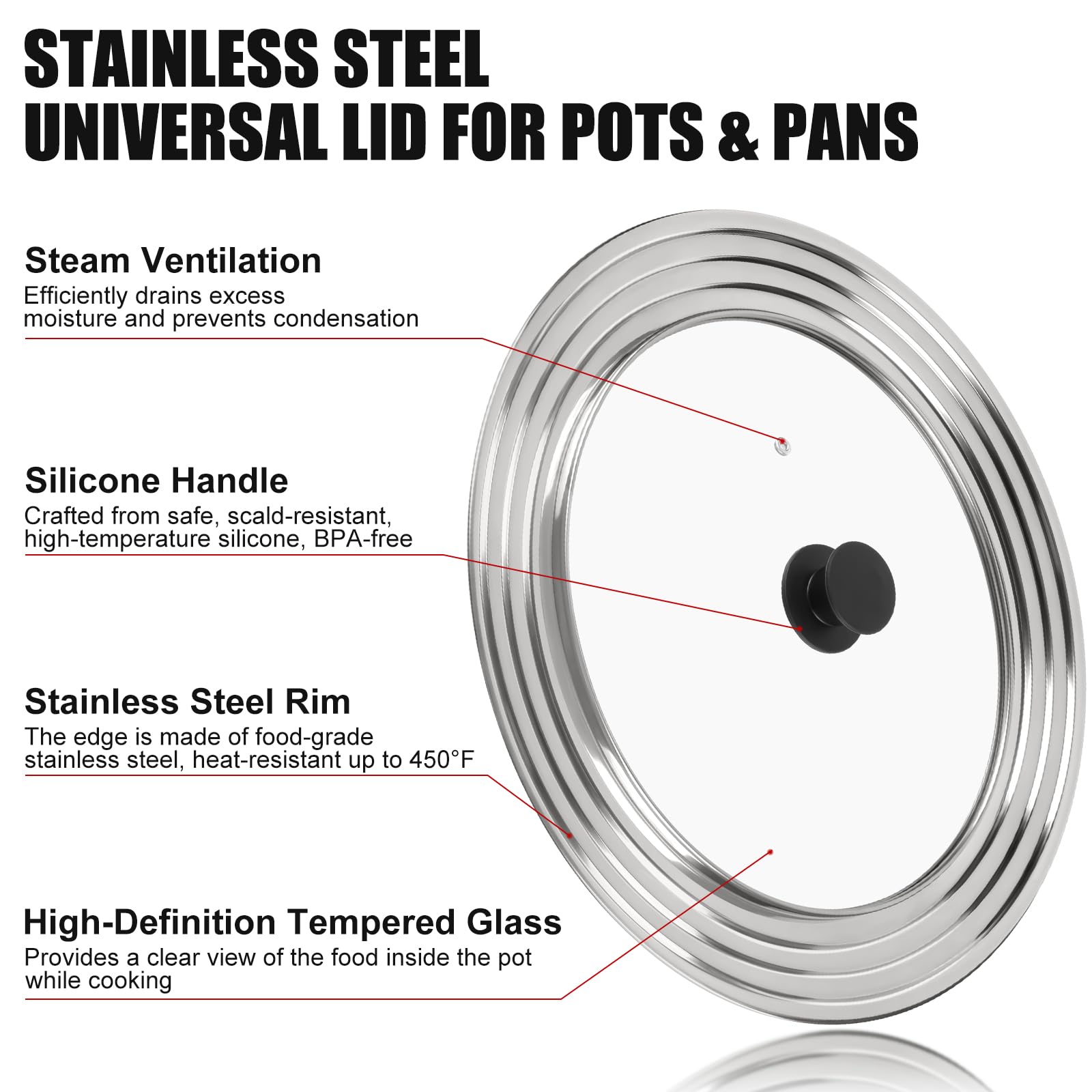 Pan Lid Fits 11, 12 & 13 Inch Cookware, Universal Lid for Pots, Pans and Skillets,Replacement Frying Pan Cover with Tempered Glass Top, Stainless Steel Cast Iron Skillet Lids - Heat Resistant Handle