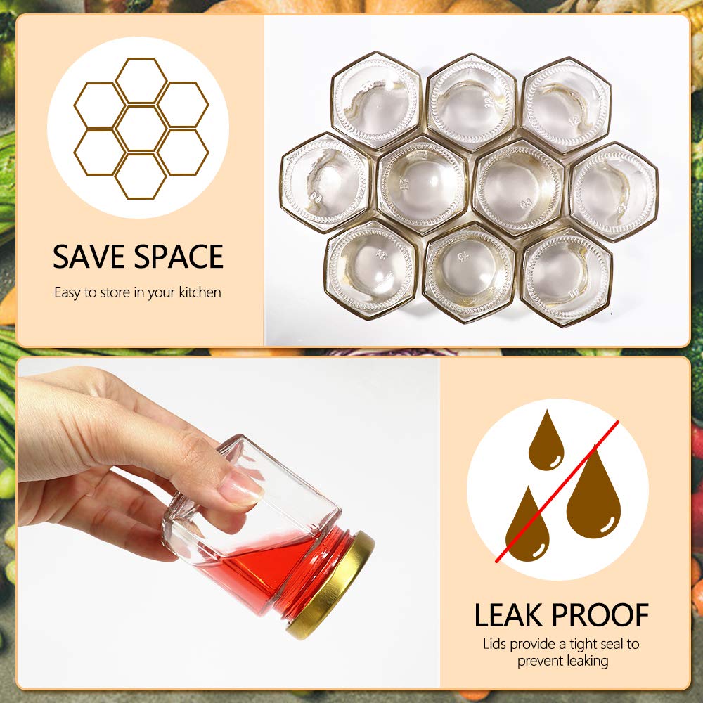 BIGIVACA 30 Pack 3 oz (90 ml) Hexagon Glass Jars with Gold Lids – Clear Mini Mason Jars for Canning, Honey, Jams, Herbs, Wedding Favors, Crafts – Includes 1 Pen + 80 Labels