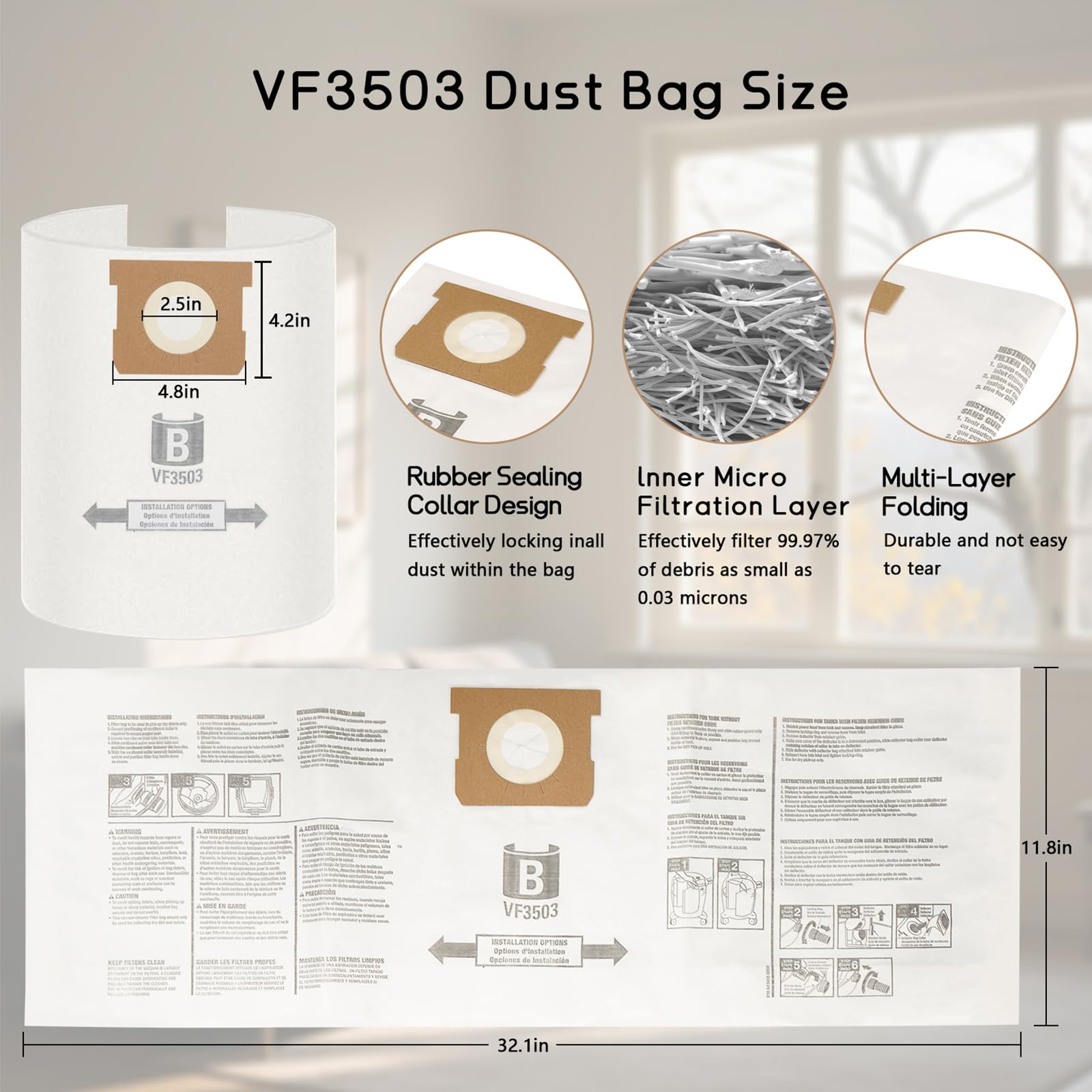 10 Pack VF3503 Vacuum Bags Compatible with Ridgid 5-10 Gallon shop vac bags | Size B Wet/Dry Vacuums bags Filter Bags