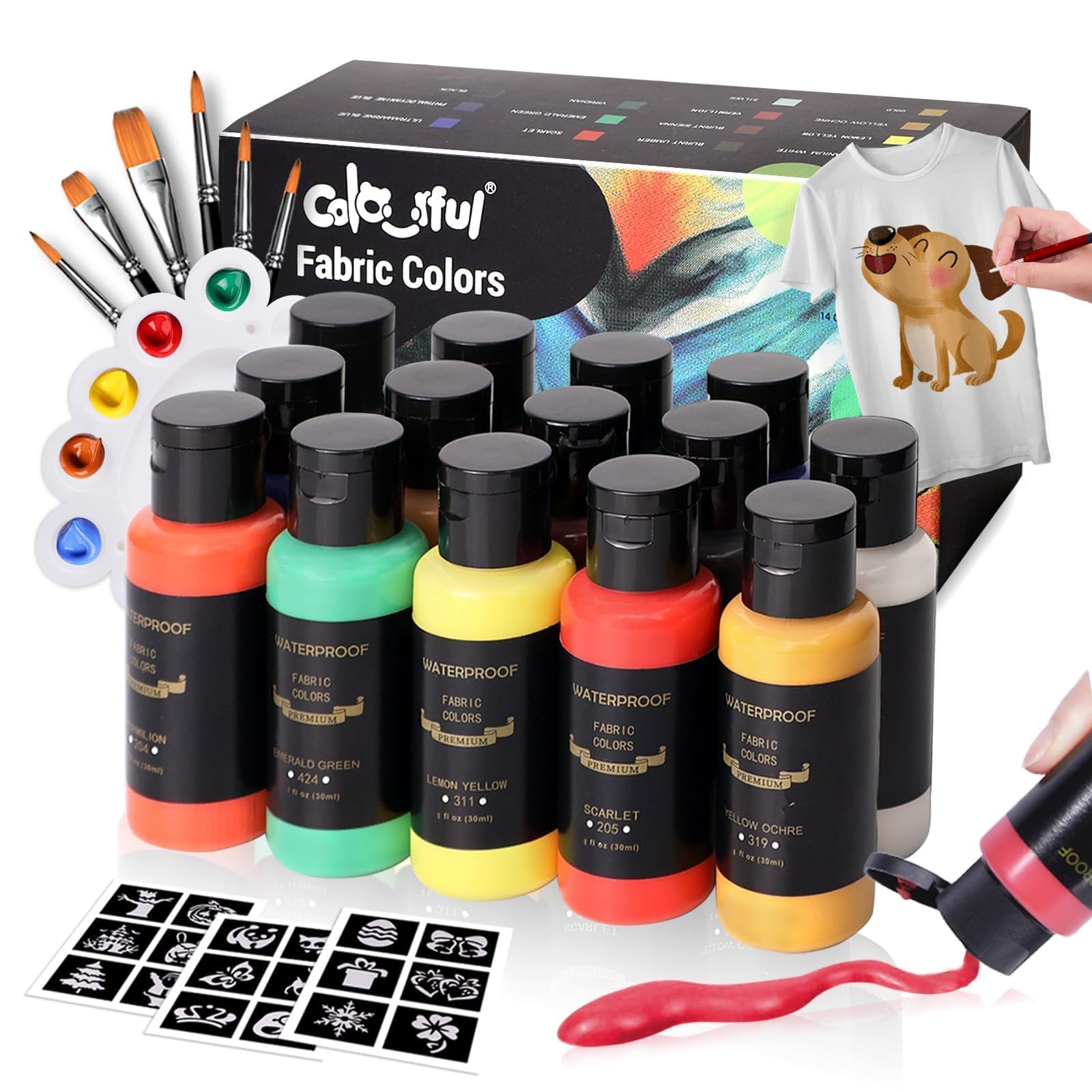 Colorful Permanent Fabric Paint, 14 Colors Soft Fabric Paint in Bottles (30ml/1oz) with Brushes, Palette, Non-Toxic Textile Paint for Clothes, T-Shirts, Shoes Art