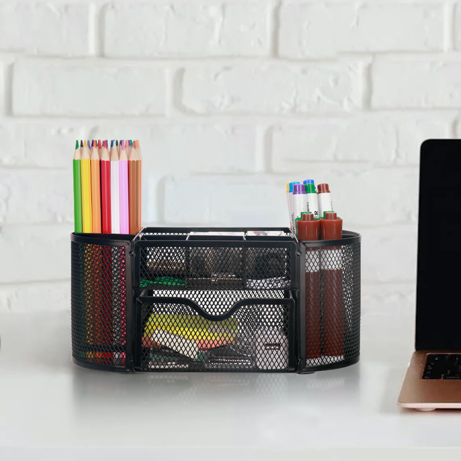 Comix Pen Holder, Mesh Desk Organizers with 8 Compartments and 1 Drawer, Oval Shaped Pencil Holder for Home School Office Supplies