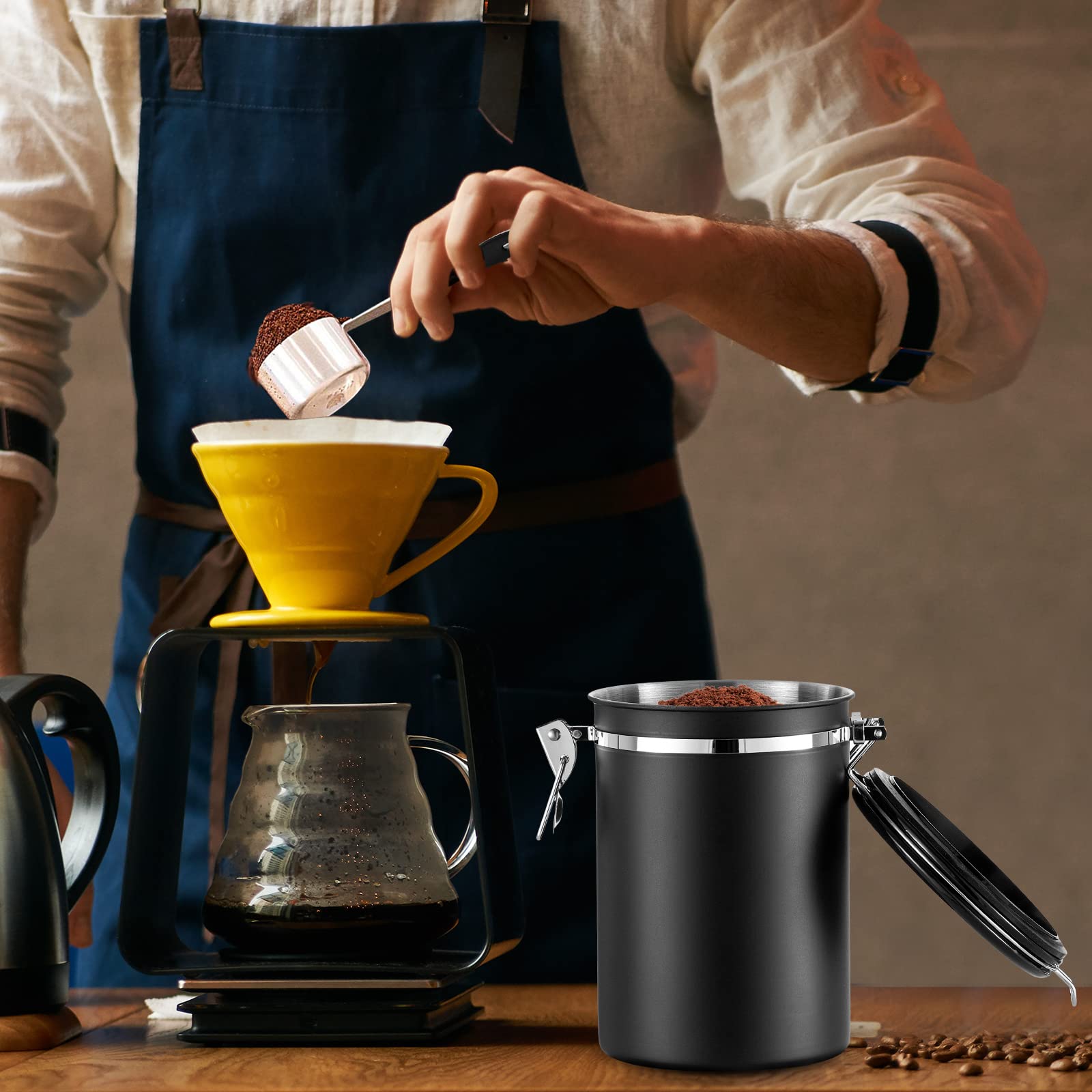 Airtight Coffee Canister, Stainless Steel Coffee Beans and Grounds Storage Container with Date Tracker, Scoop, 6Pcs CO2 Valves, for Beans, Grounds, Tea, Sugar, Black