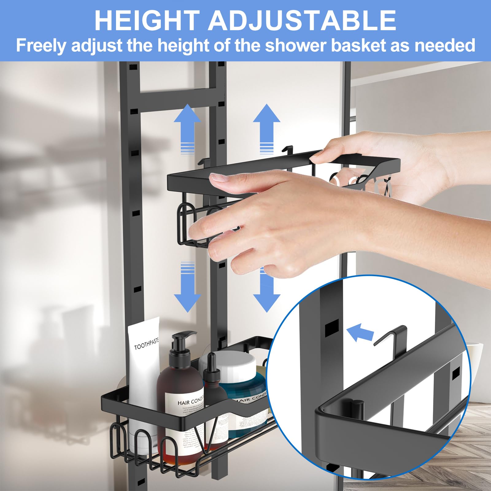 LOOBOV Shower Caddy Hanging, Over Glass Door Shower Shelf, 3-Tier Bathroom Organizer/Rack No Drilling (Black)