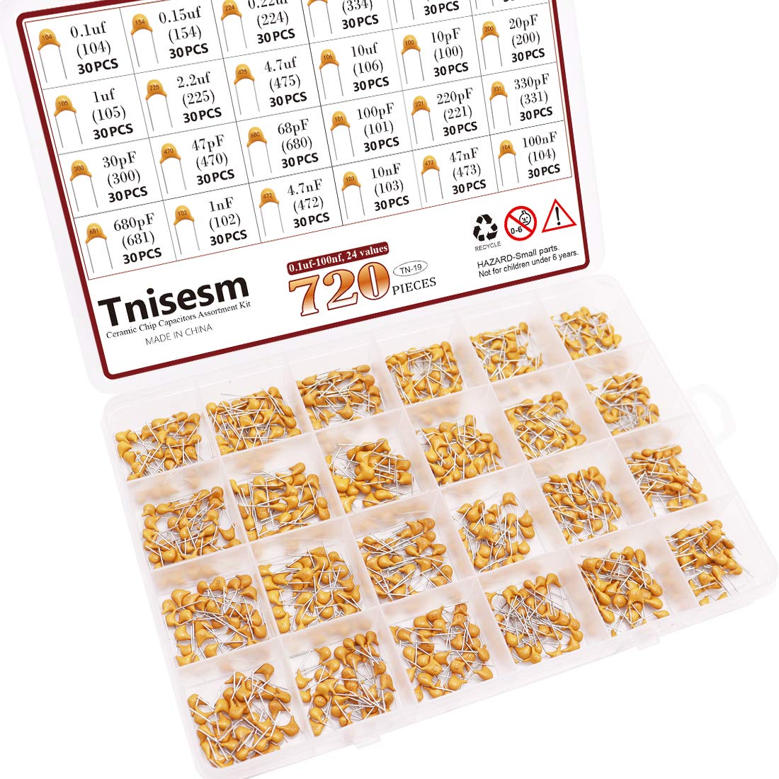 Tnisesm 720 Pcs 24Value Ceramic Capacitor Assortment Kit 0.1uF-100nF DIP Monolithic Multilayer Chip Capacitors in a Box Tn-19