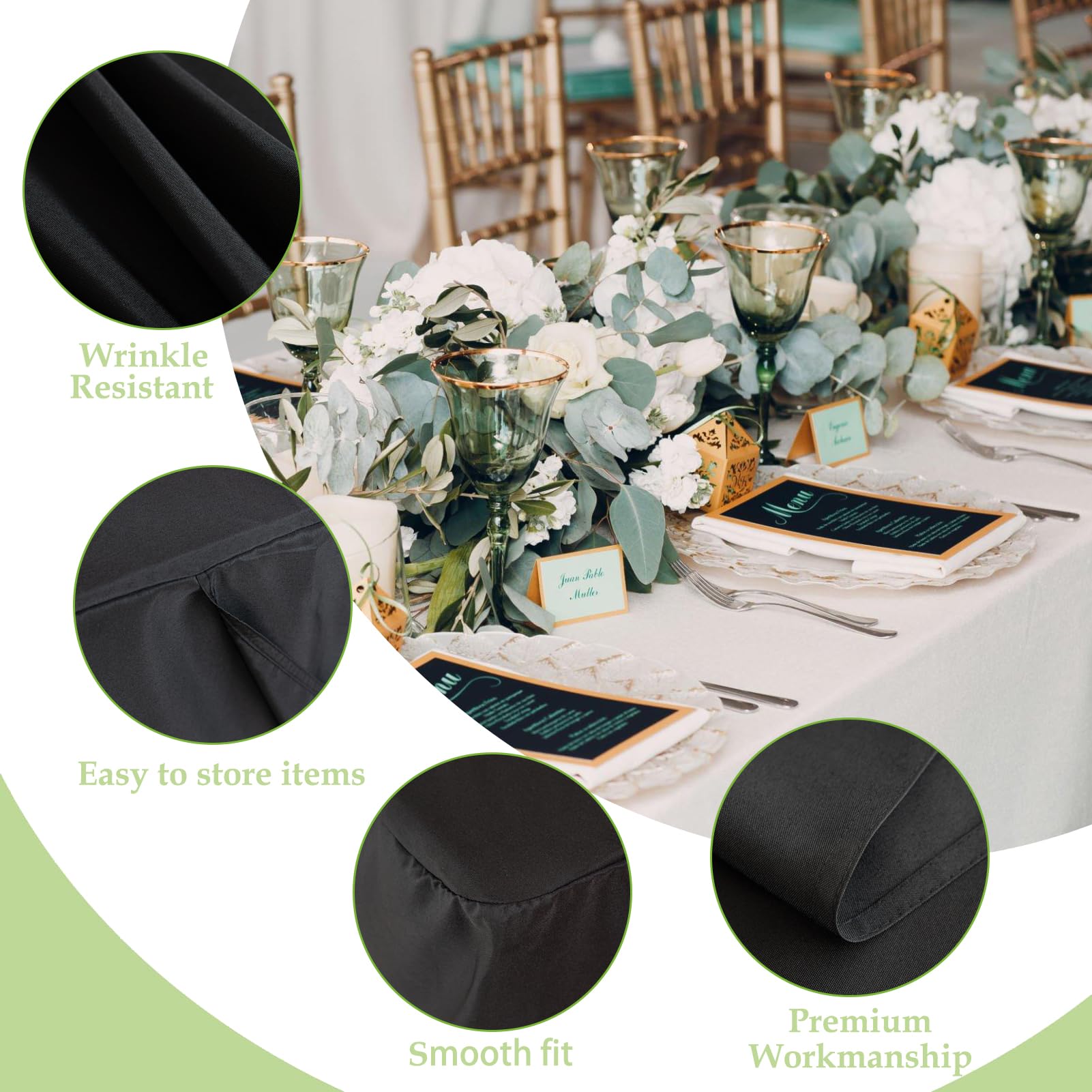 2 Pack Black Tablecloth Fitted Table Clothes for 6 Foot Rectangle Tables - Water Resistant Washable Fabric Polyester Rectangle Table Cover for Wedding Uses（72L x 30W x 30H Inches, Black）