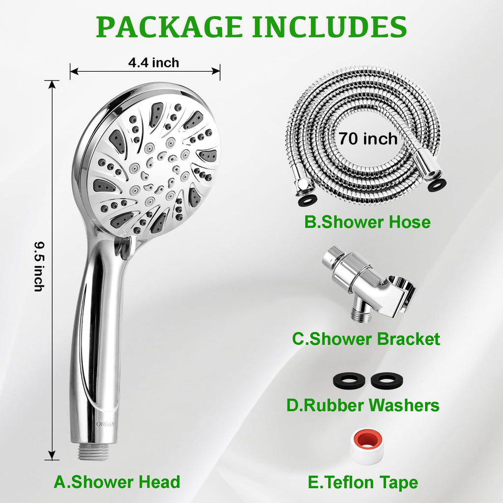High Pressure Shower Head with Handheld - OHDAY® 6-Mode Powerful Showerhead with 70'' Stainless Steel Hose, Adjustable Bracket and Built-in Power Wash to Clean Tub Tile Pets Bathroom Corner