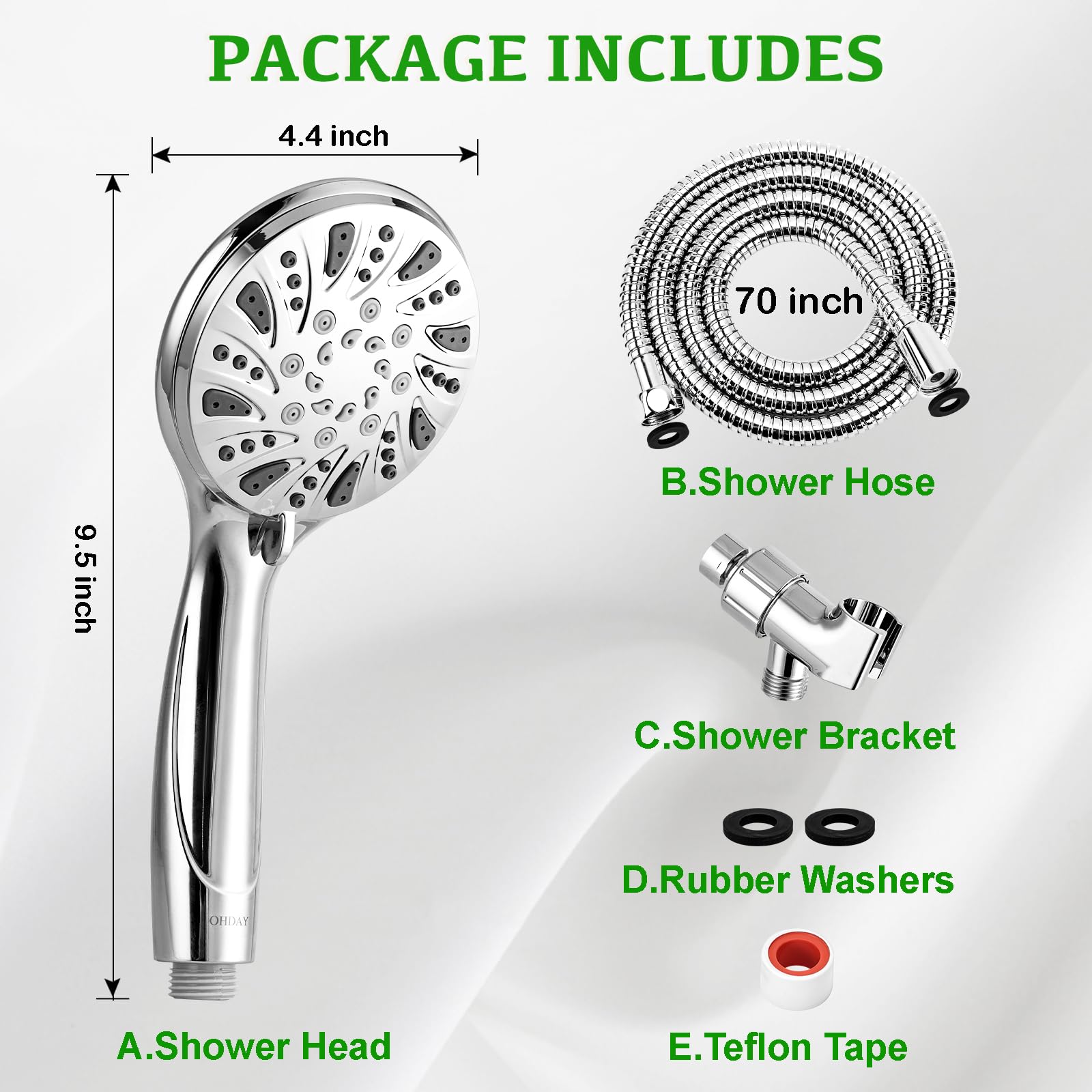 High Pressure Shower Head with Handheld - OHDAY® 6-Mode Powerful Showerhead with 70'' Stainless Steel Hose, Adjustable Bracket and Built-in Power Wash to Clean Tub Tile Pets Bathroom Corner