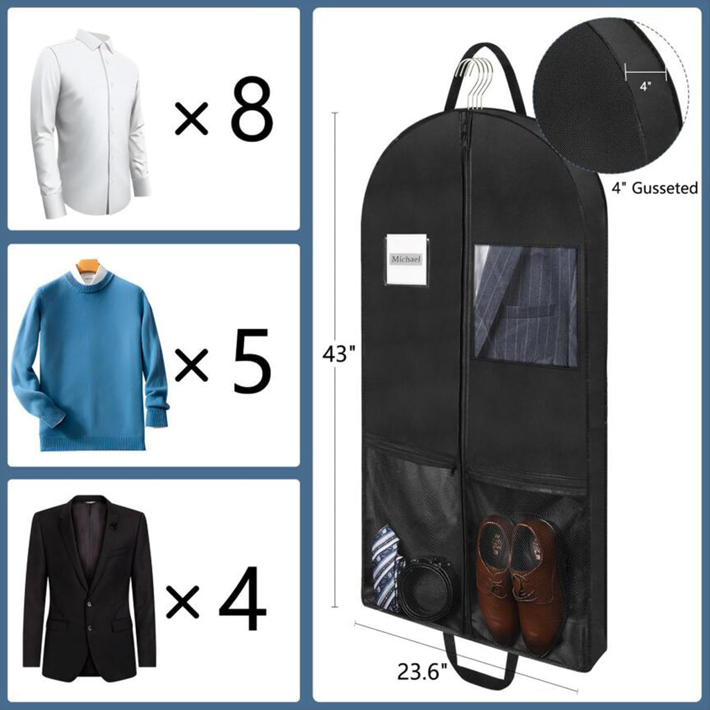 Belinlen 3pack 43" Garment Bags for Travel Hanging Clothes Suit Bag with 4" Gussetes for Cover Clothes Protection Suit Garment Bag with 2 Mesh Pockets and 2 Carry Handles (Black)